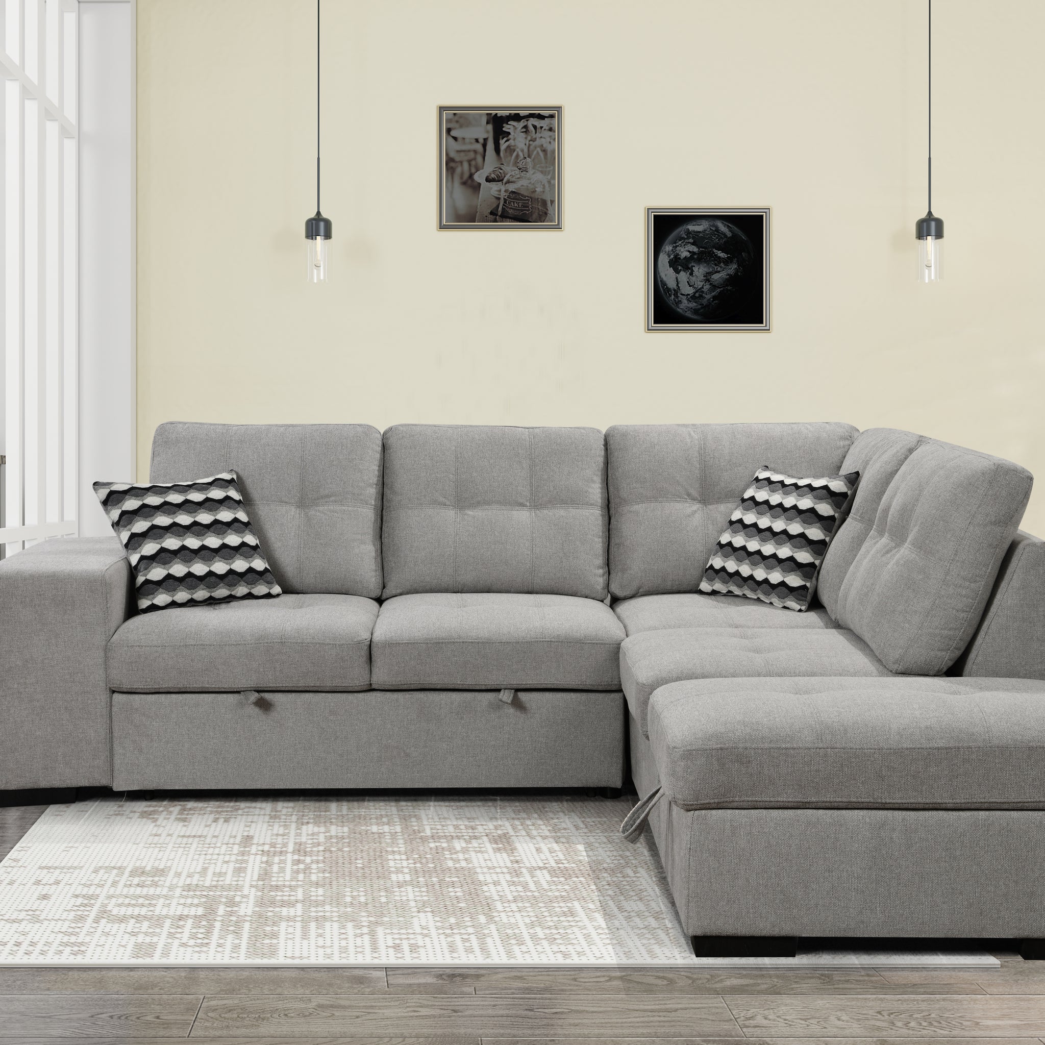 Sectional Pull Out Sofa Bed 101" Reversible L Shaped Corner Sleeper Upholstered Couch With Storage Ottoman, 2 Pillows,Usb Ports,2 Stools For Living Room Furniture Sets,Apartments, Light Gray Light Brown Wood Primary Living Space Heavy Duty Eucalyptus 4