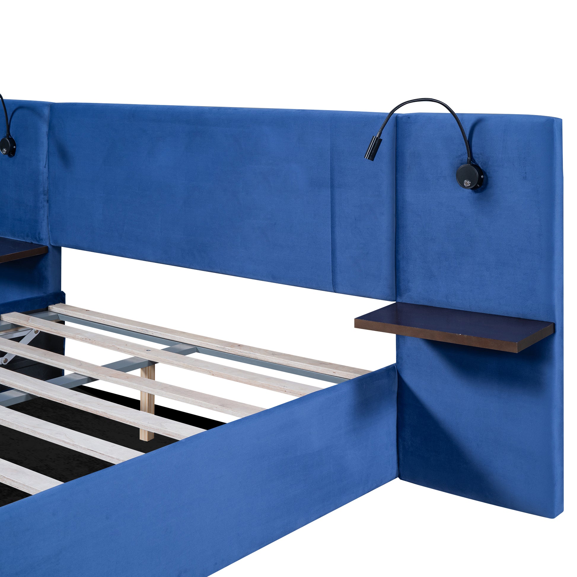 Full Size Storage Upholstered Hydraulic Platform Bed With 2 Shelves, 2 Lights And Usb, Blue Box Spring Not Required Full Blue Wood Bedroom Bed Frame Velvet Upholstered
