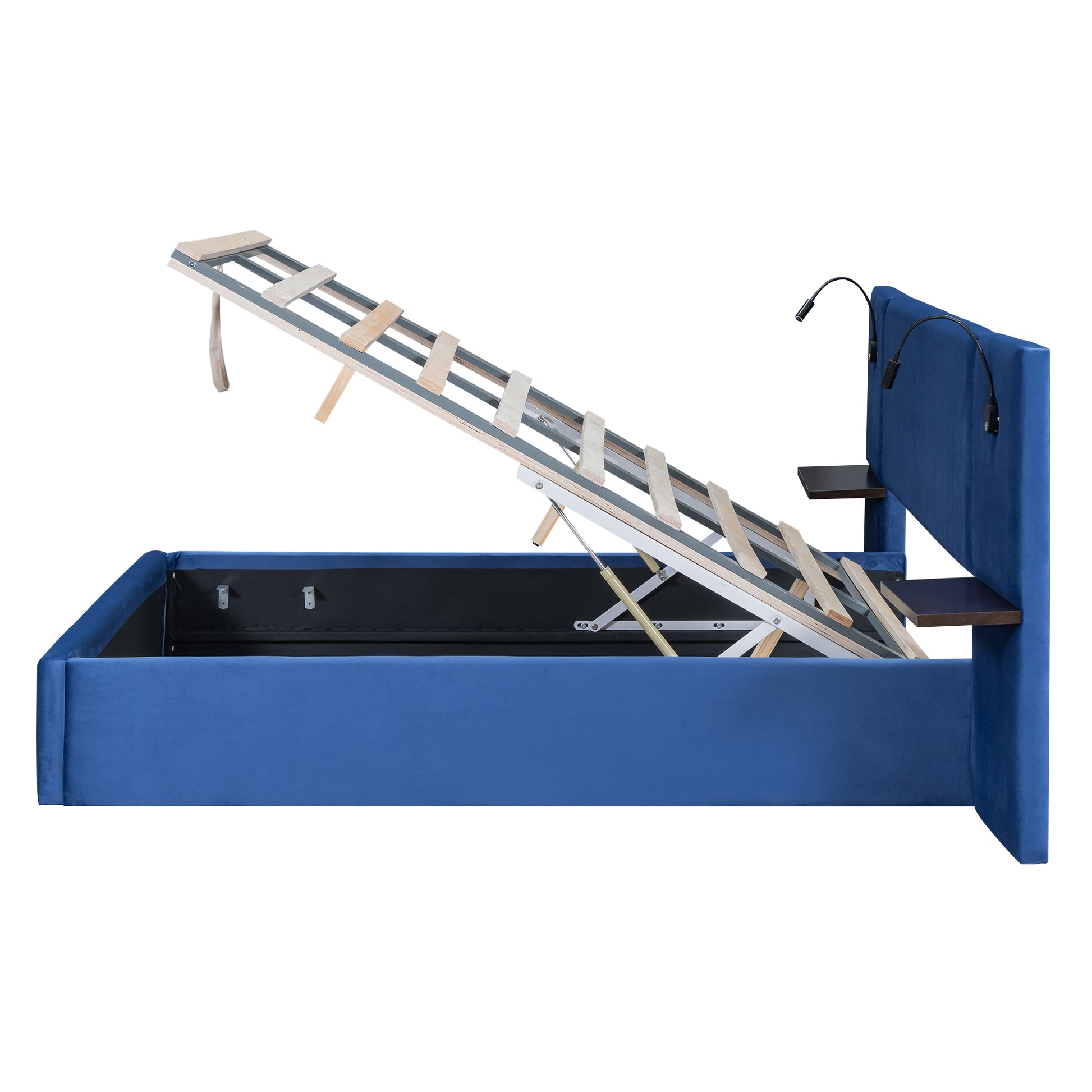 Full Size Storage Upholstered Hydraulic Platform Bed With 2 Shelves, 2 Lights And Usb, Blue Box Spring Not Required Full Blue Wood Bedroom Bed Frame Velvet Upholstered