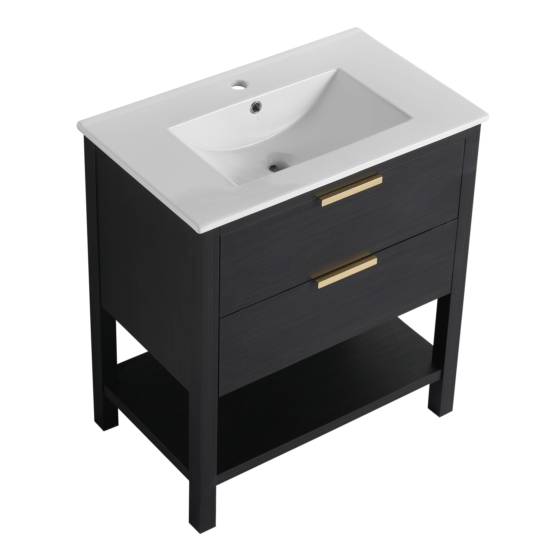 30 Inch Bathroom Vanity With Sink And 2 Soft Close Drawers, Golden Handle Bvb01030Bctg Bl9075B Black Chestnut Bathroom Modern Plywood