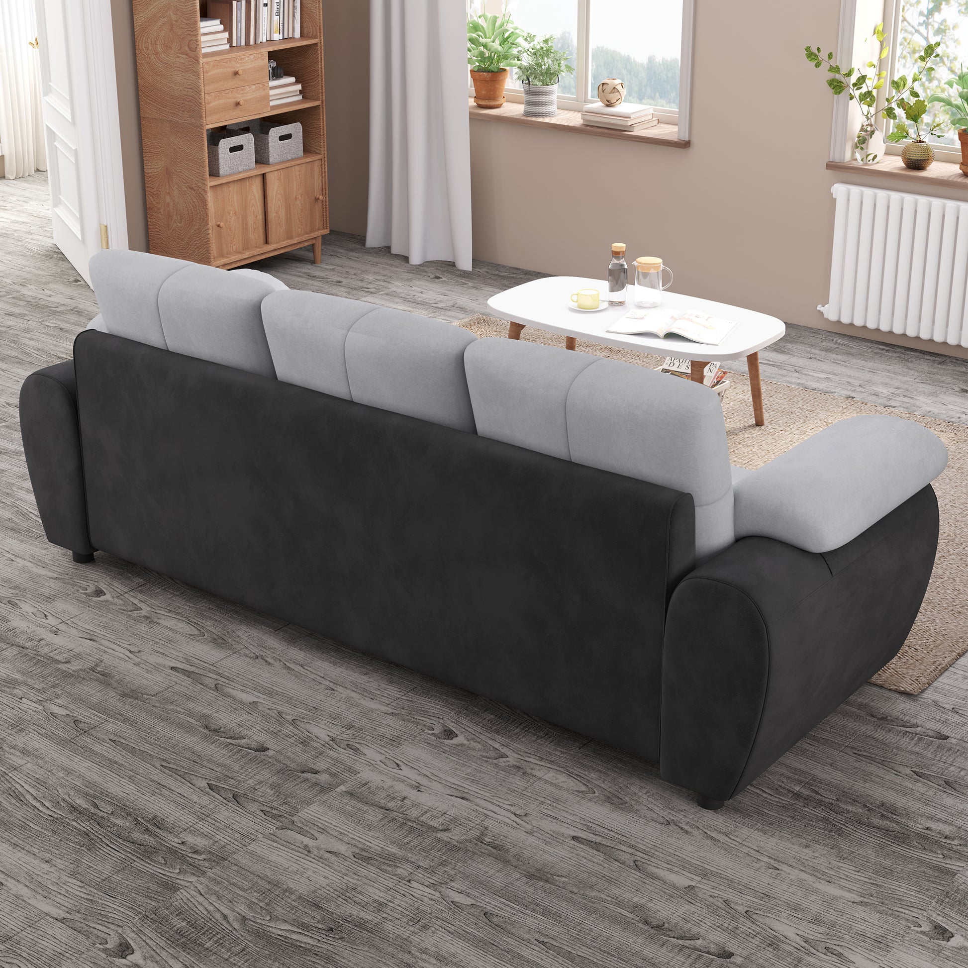 81.9 Large Size Three Seat Sofa,Modern Upholstered,Black Leather Paired With Light Gray Velvet Black Gray Velvet Wood Primary Living Space Medium Firm Modern Eucalyptus Polyurethane Foam Eucalyptus
