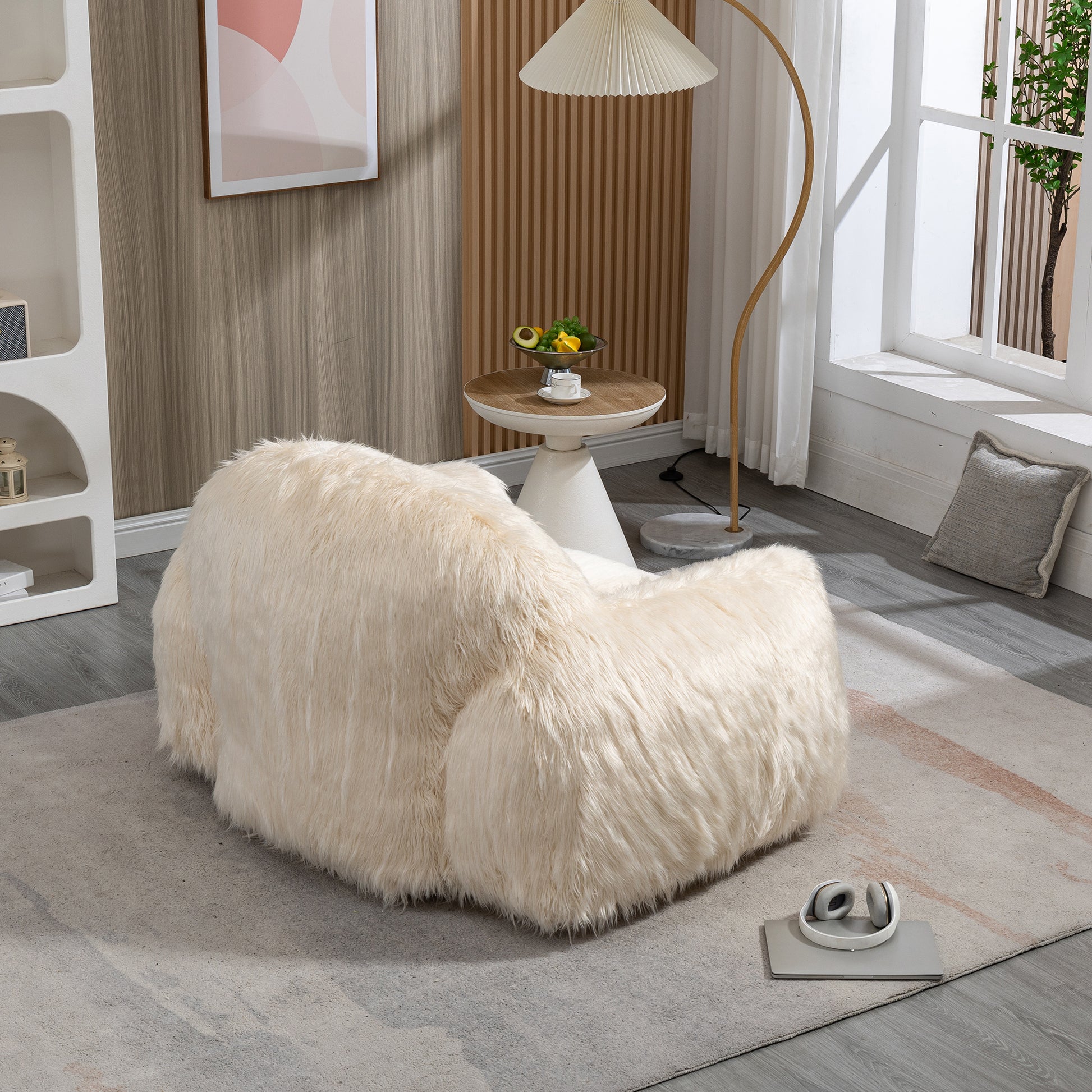 Bean Bag Chair Lazy Sofa Bean Bag Chair Adult, Teen High Density Foam Padded Modern Accent Chair Comfortable Living Room, Bedroom Chair Beige Faux Fur