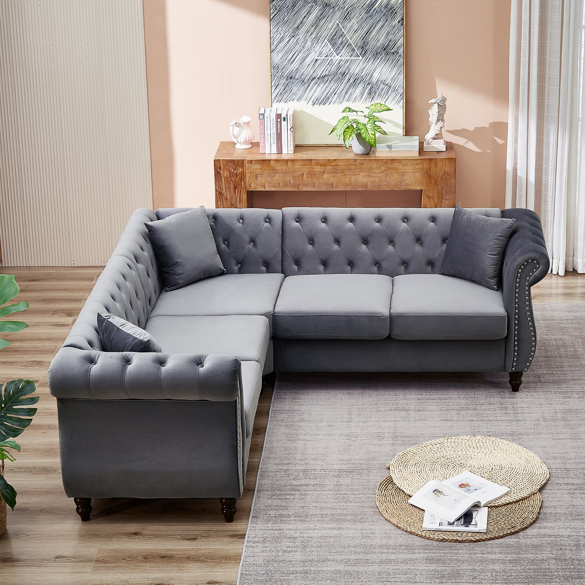 83.5 Inch Oversized Corner Sofa, L Shaped Sectional Couch,5 Seater Corner Sofas With 3 Pillows For Living Room, Bedroom, Apartment, Office Gray Foam Velvet