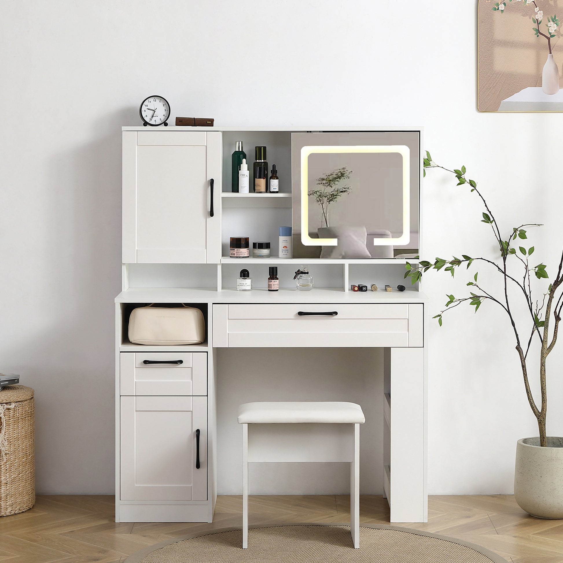 Vanity Table With Large Sliding Lighted Mirror, Dressing Table With 2 Drawers, Storage Shelves And Upholstered Stool, White Color Antique White Particle Board