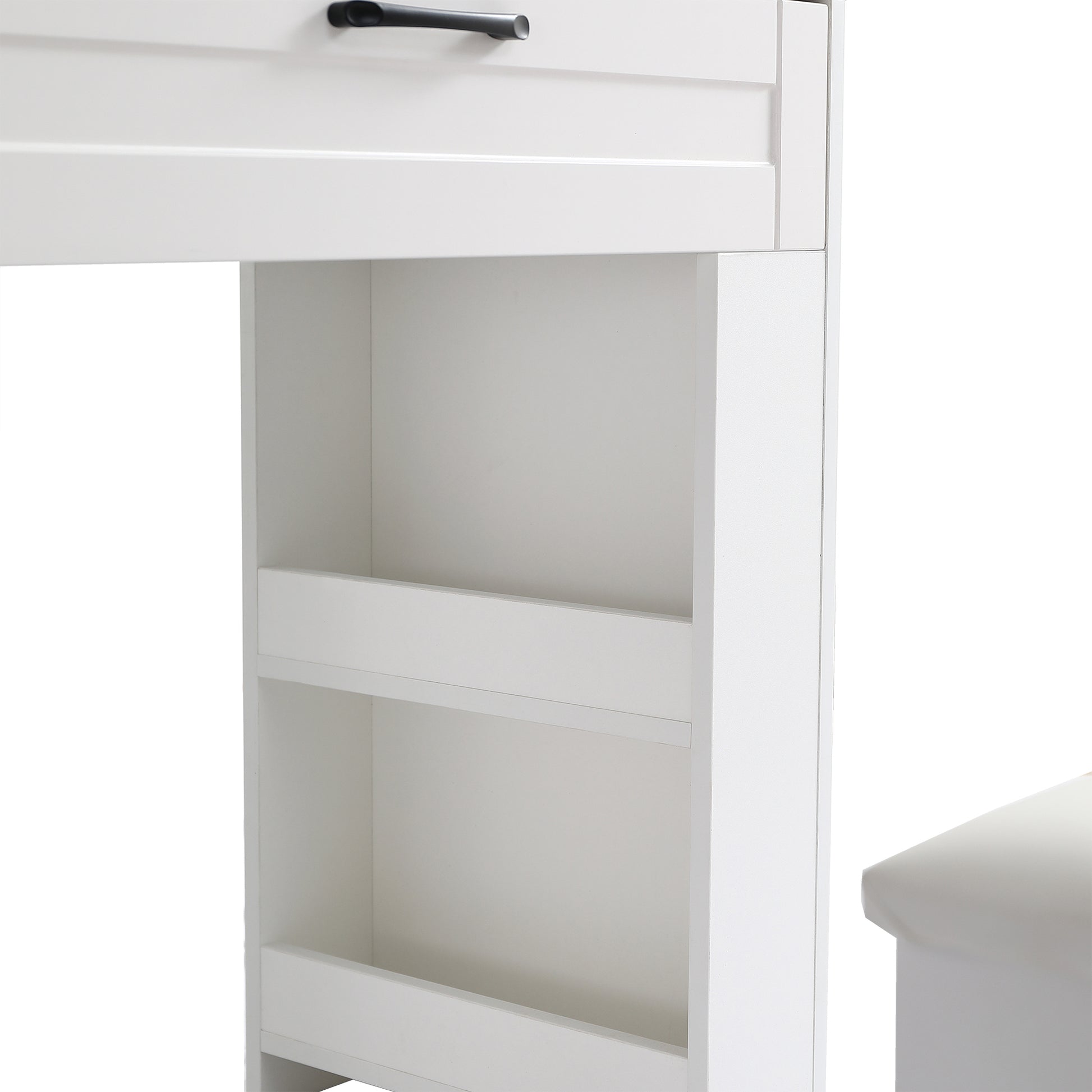 Vanity Table With Large Sliding Lighted Mirror, Dressing Table With 2 Drawers, Storage Shelves And Upholstered Stool, White Color Antique White Particle Board
