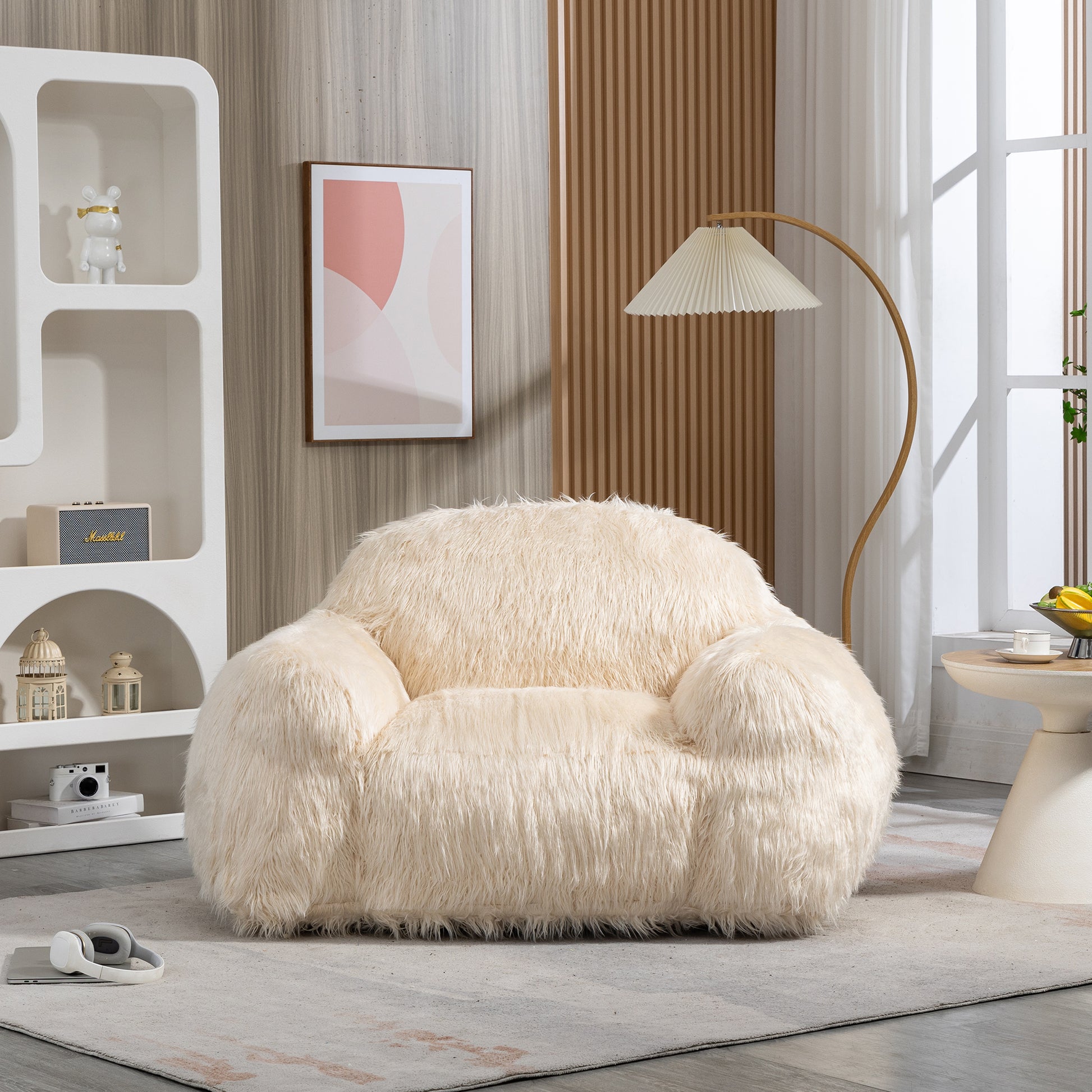 Bean Bag Chair Lazy Sofa Bean Bag Chair Adult, Teen High Density Foam Padded Modern Accent Chair Comfortable Living Room, Bedroom Chair Beige Faux Fur
