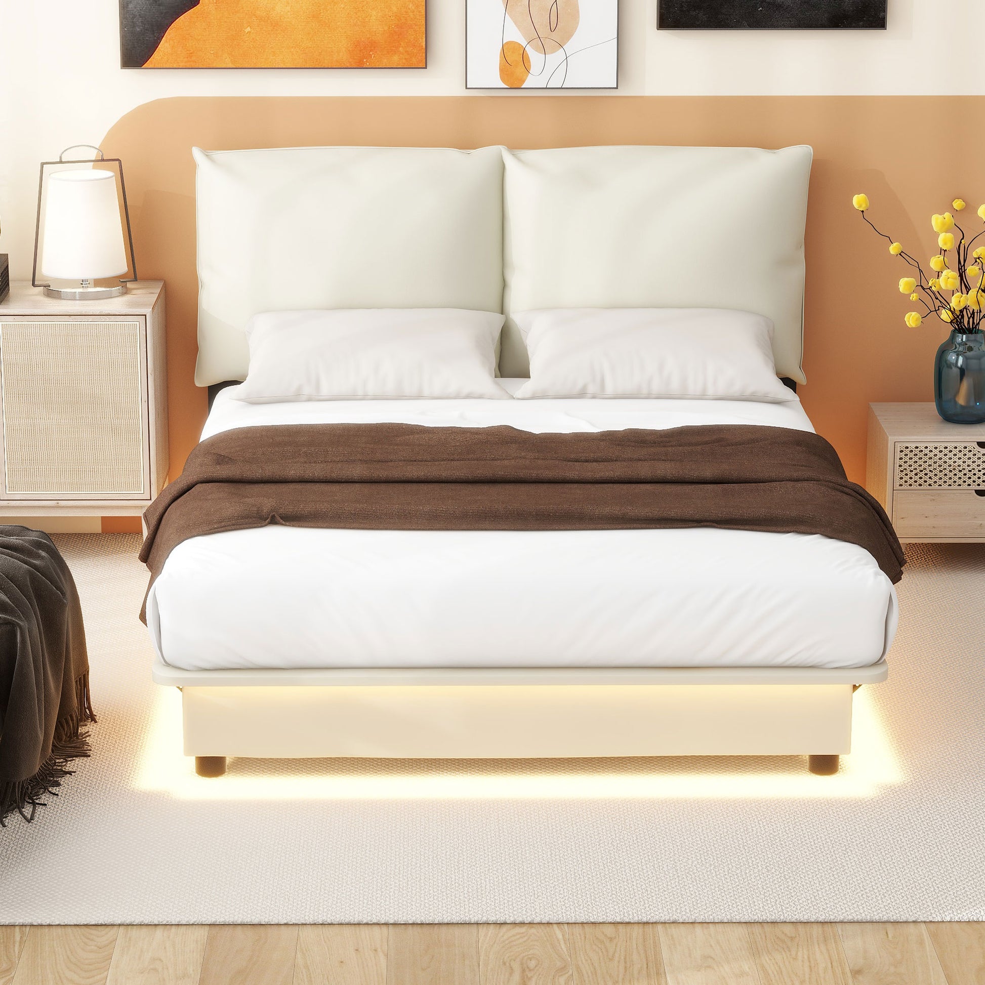 Full Size Upholstered Platform Bed With Sensor Light And Ergonomic Design Backrests, White White Upholstered