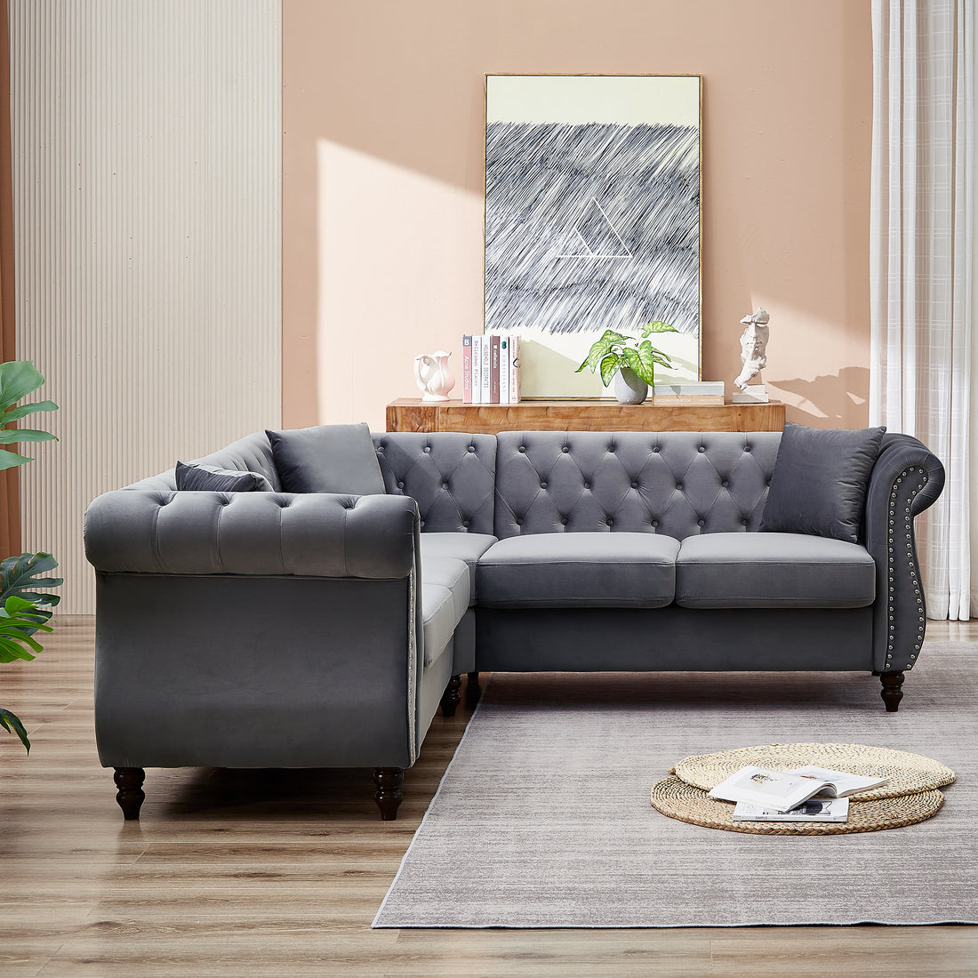 83.5 Inch Oversized Corner Sofa, L Shaped Sectional Couch,5 Seater Corner Sofas With 3 Pillows For Living Room, Bedroom, Apartment, Office Gray Foam Velvet