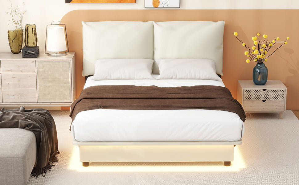 Full Size Upholstered Platform Bed With Sensor Light And Ergonomic Design Backrests, White White Upholstered