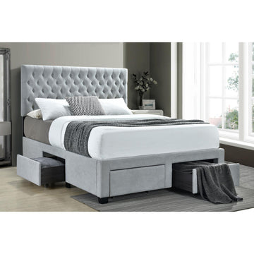 Light Grey Tufted 4 Drawer Full Storage Bed Box Spring Not Required Full Grey Wood Bedroom Glam Rubberwood Storage Included Foam Polyester Fabric