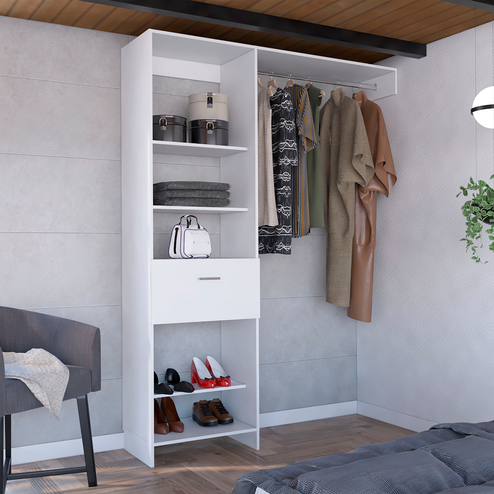 150 Closet System British, Bedroom, White White Particle Board Particle Board