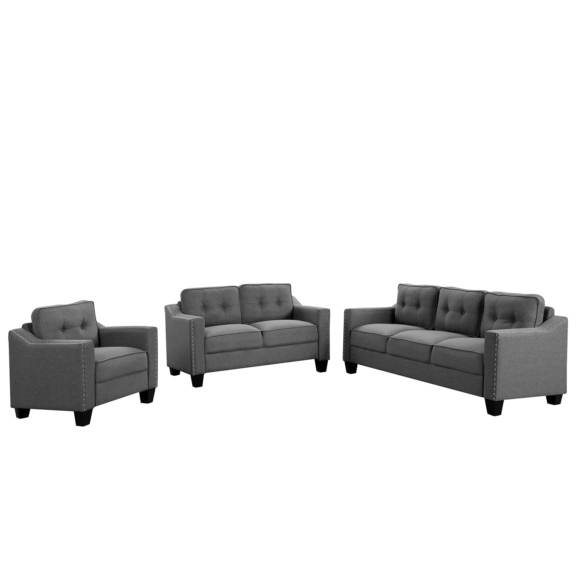 3 Piece Living Room Set With Tufted Cushions. Gray Linen