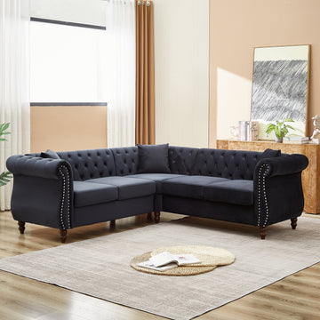 83.5 Inch Oversized Corner Sofa, L Shaped Sectional Couch,5 Seater Corner Sofas With 3 Pillows For Living Room, Bedroom, Apartment, Office Black Foam Velvet