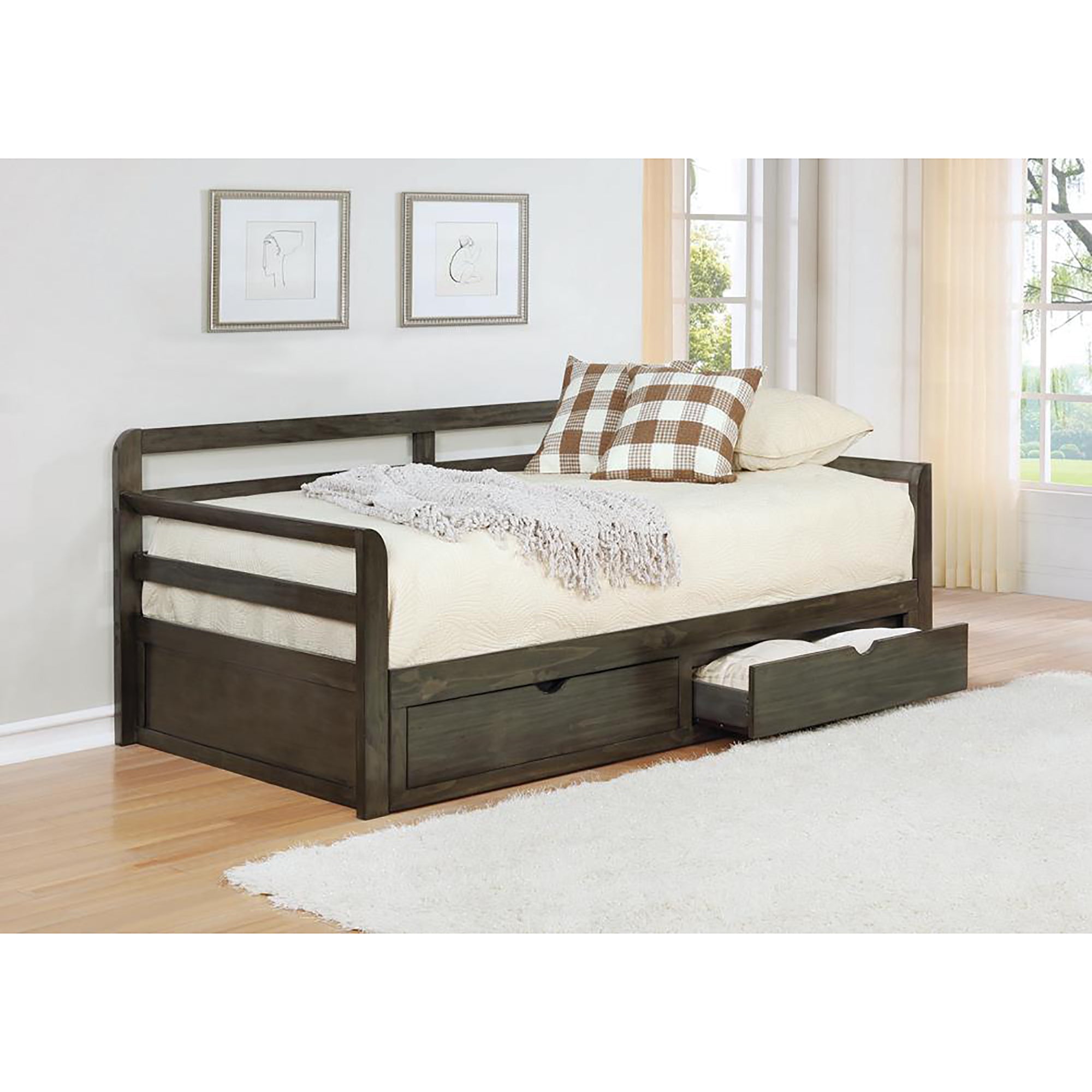 Grey 2 Drawer Daybed With Extension Trundle Box Spring Not Required Twin Xl Grey Wood Gray Bedroom Farmhouse,Rustic Pine Wood