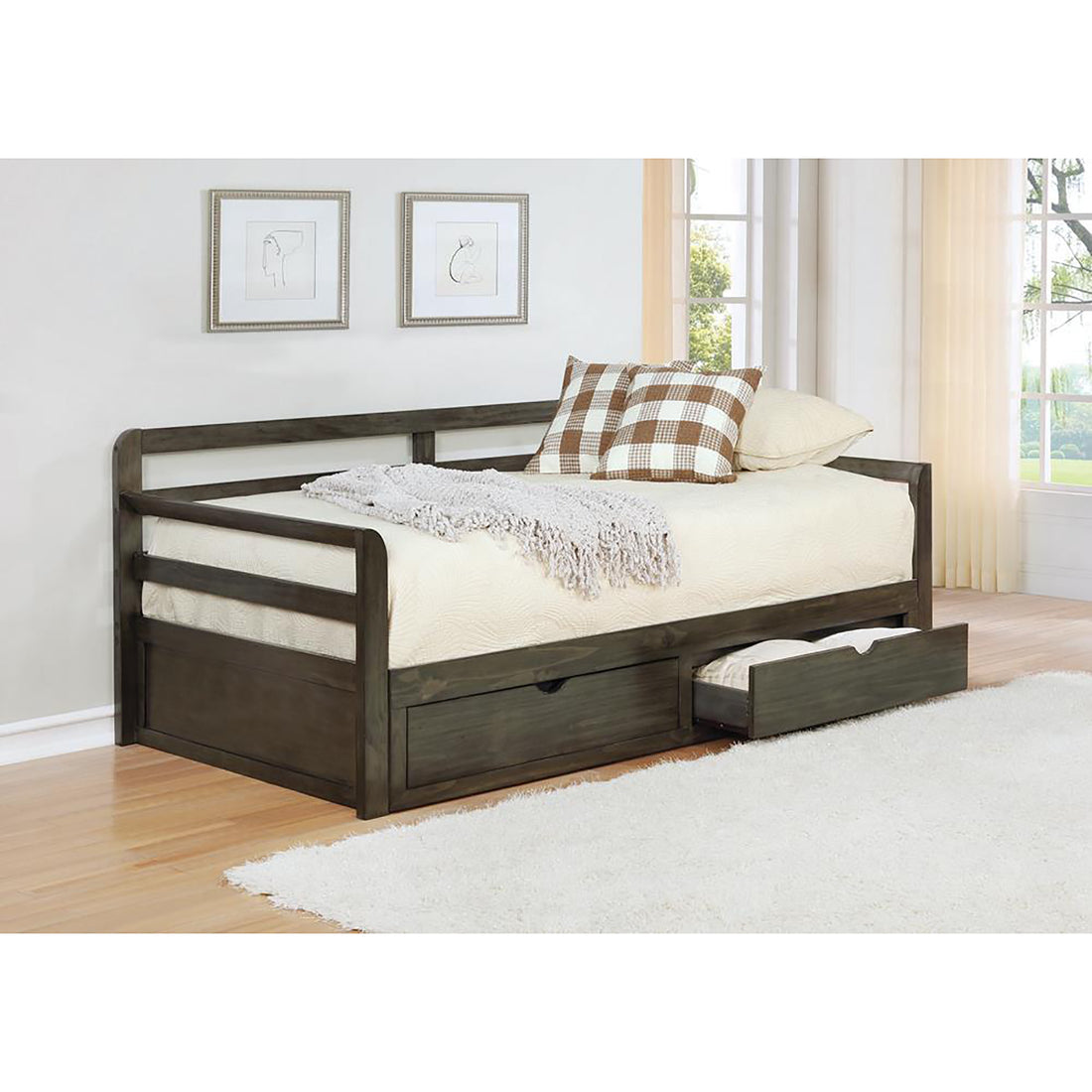Grey 2 Drawer Daybed With Extension Trundle Box Spring Not Required Twin Xl Grey Wood Gray Bedroom Farmhouse,Rustic Pine Wood
