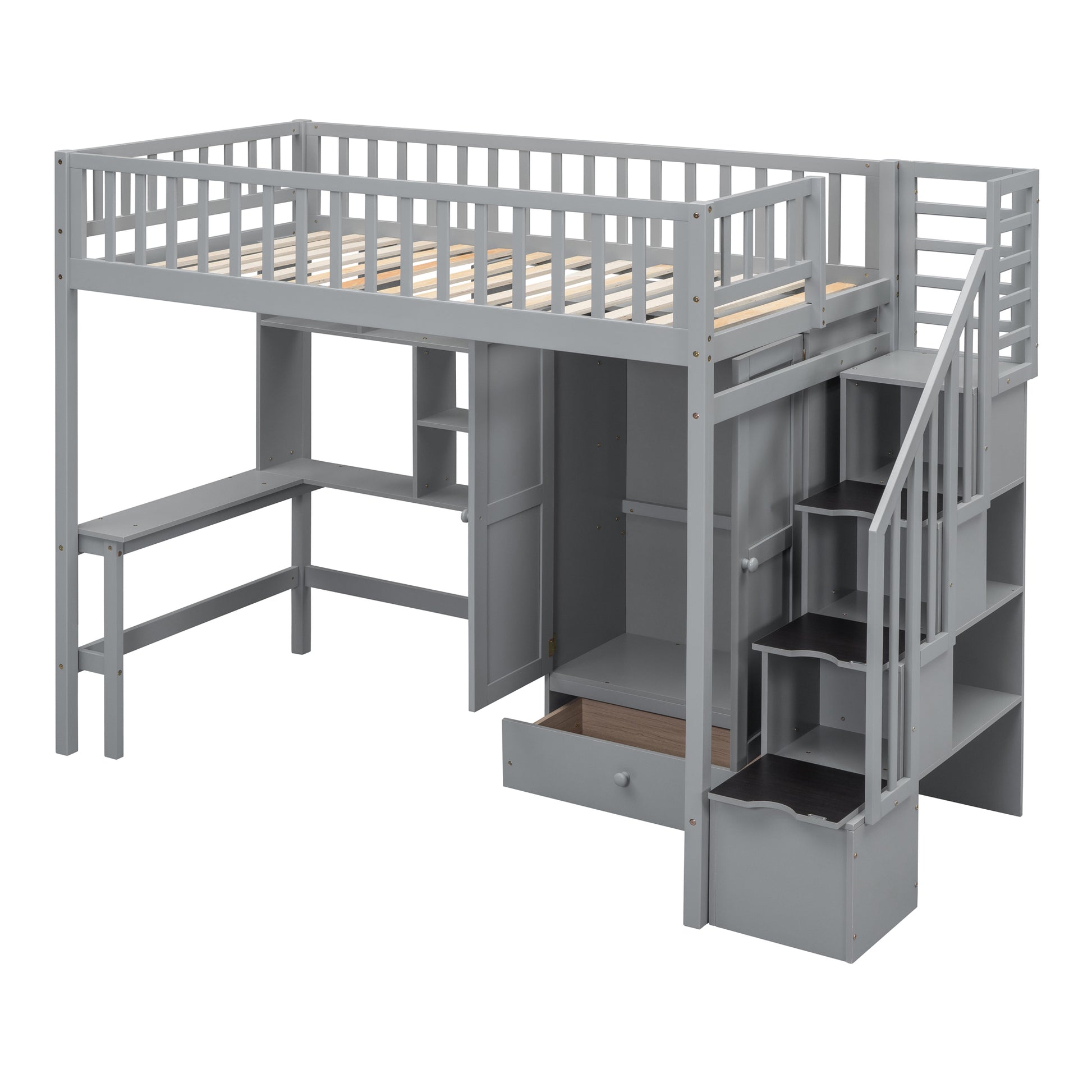 Twin Size Loft Bed With Bookshelf,Drawers,Desk,And Wardrobe Gray Twin Gray Solid Wood Mdf