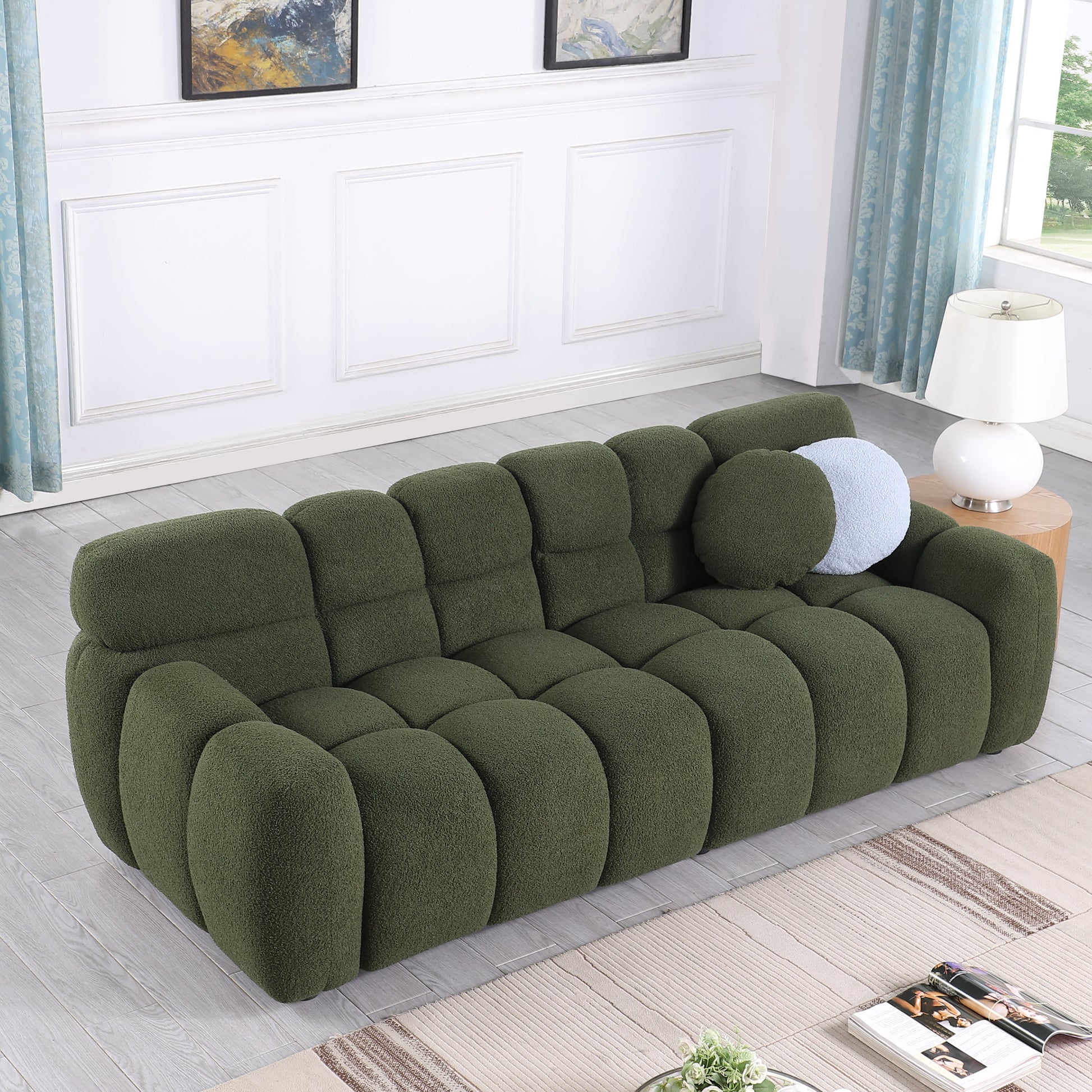 Sofa And Seater ,Human Body Structure For Usa People, Marshmallow Sofa,Boucle Sofa ,Olive Green Boucle Olive Green Light Brown Wood Primary Living Space Medium Soft Split Back Eucalyptus Rolled Arms Boucle 3 Seat