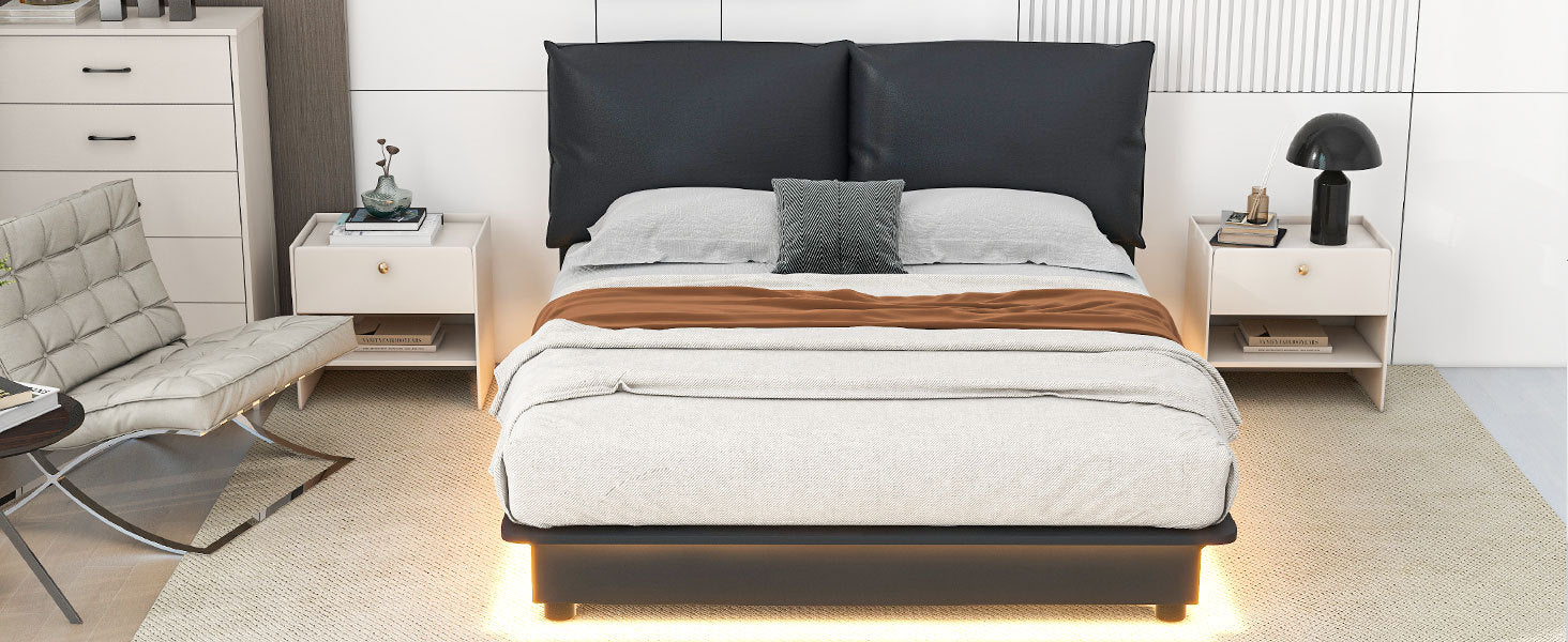 Queen Size Upholstered Platform Bed With Sensor Light And Ergonomic Design Backrests, Black Black Upholstered
