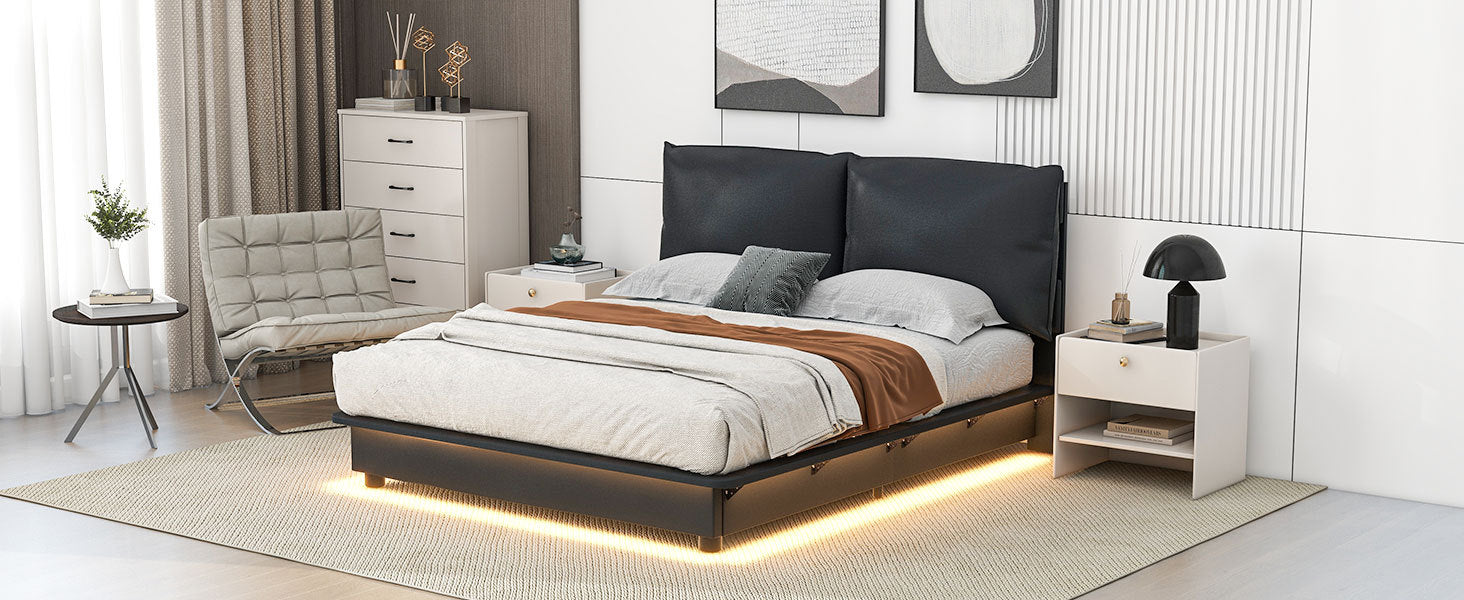 Queen Size Upholstered Platform Bed With Sensor Light And Ergonomic Design Backrests, Black Black Upholstered