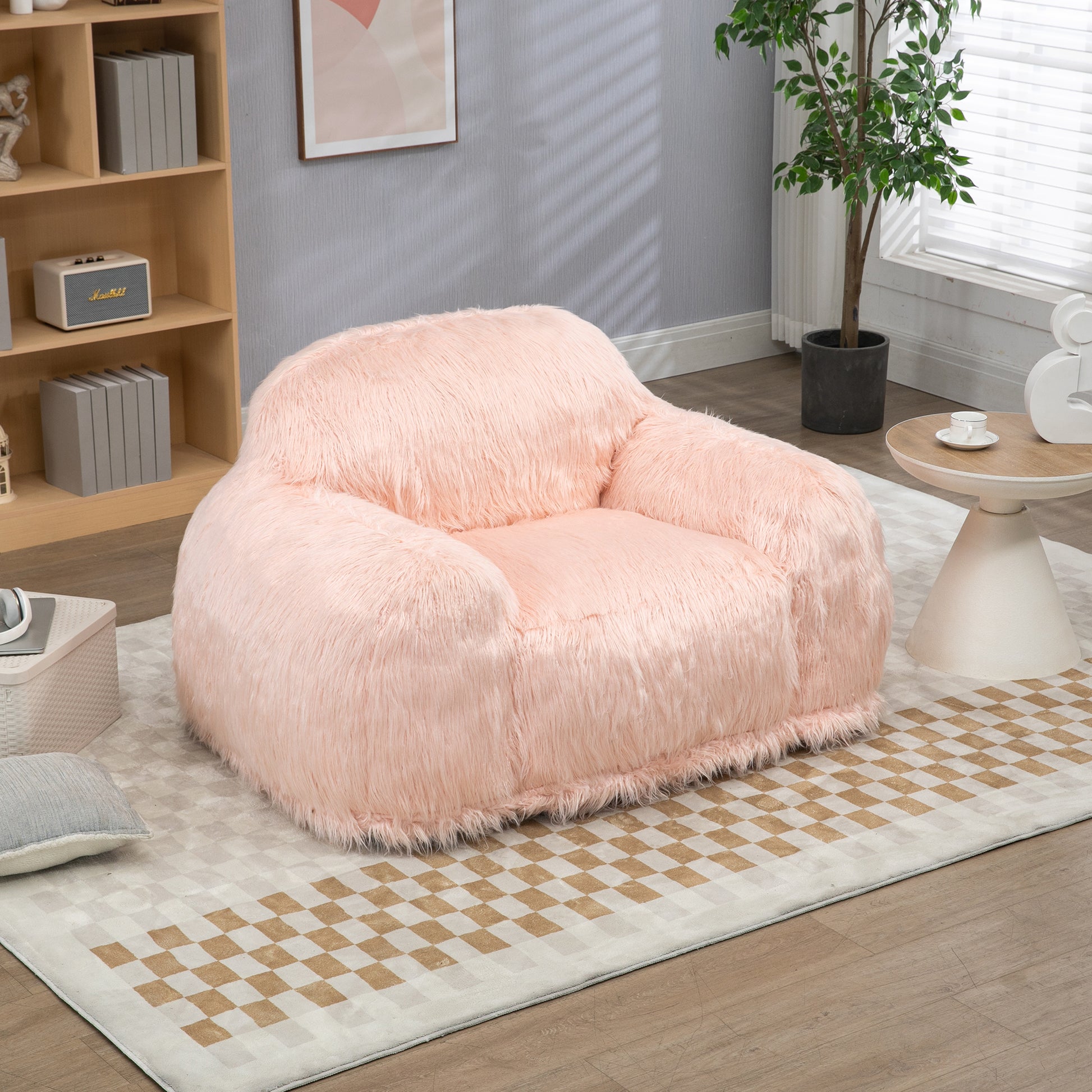 Bean Bag Chair Lazy Long Hair Sofa Bean Bag Chair Adult, Teen High Density Foam Filled Modern Focus Chair Comfortable Living Room, Bedroom Chair Pink Faux Fur