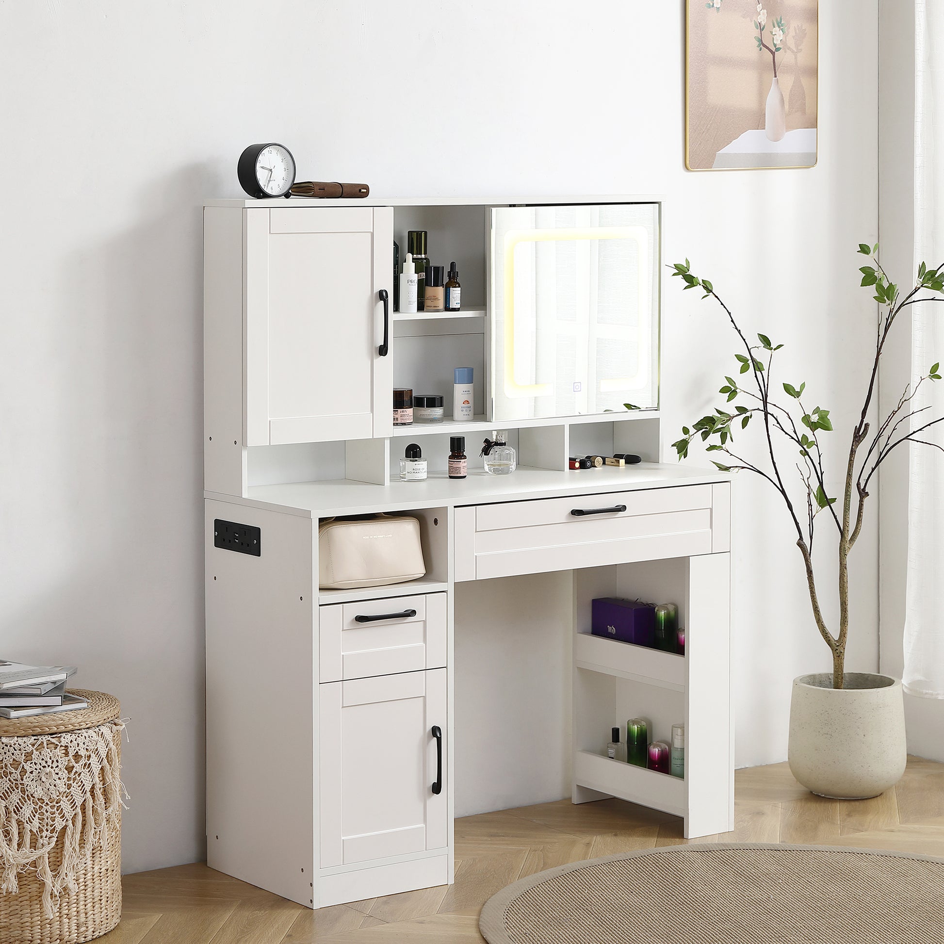 Vanity Table With Large Sliding Lighted Mirror, Dressing Table With 2 Drawers, Storage Shelves And Upholstered Stool, White Color Antique White Particle Board