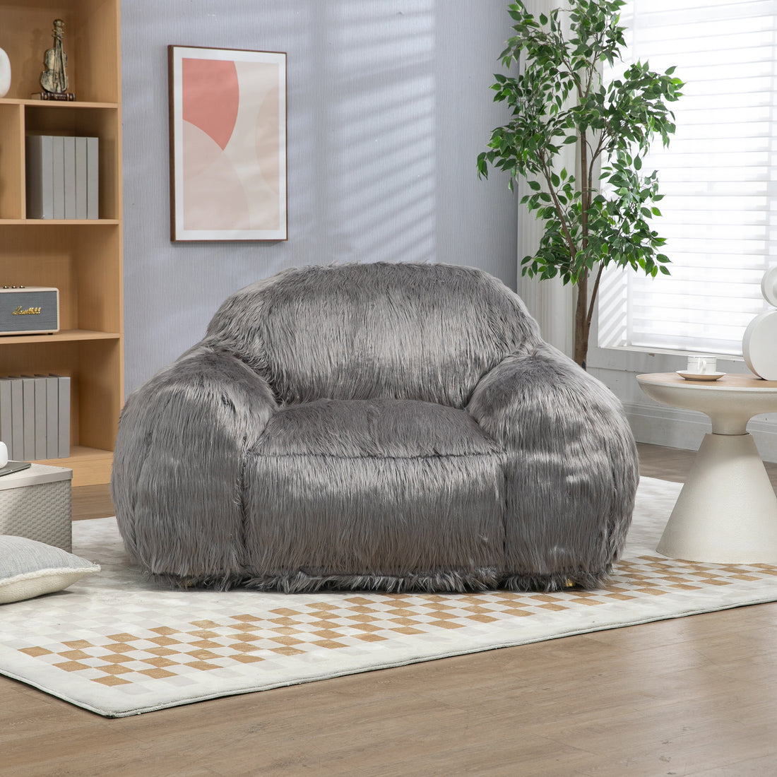 Bean Bag Chair Lazy Long Hair Sofa Bean Bag Chair Adult, Teen High Density Foam Filled Modern Focus Chair Comfortable Living Room, Bedroom Chair Grey Faux Fur