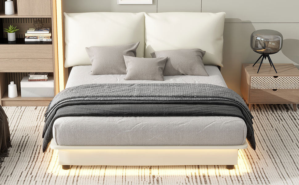 Queen Size Upholstered Platform Bed With Sensor Light And Ergonomic Design Backrests, White White Upholstered