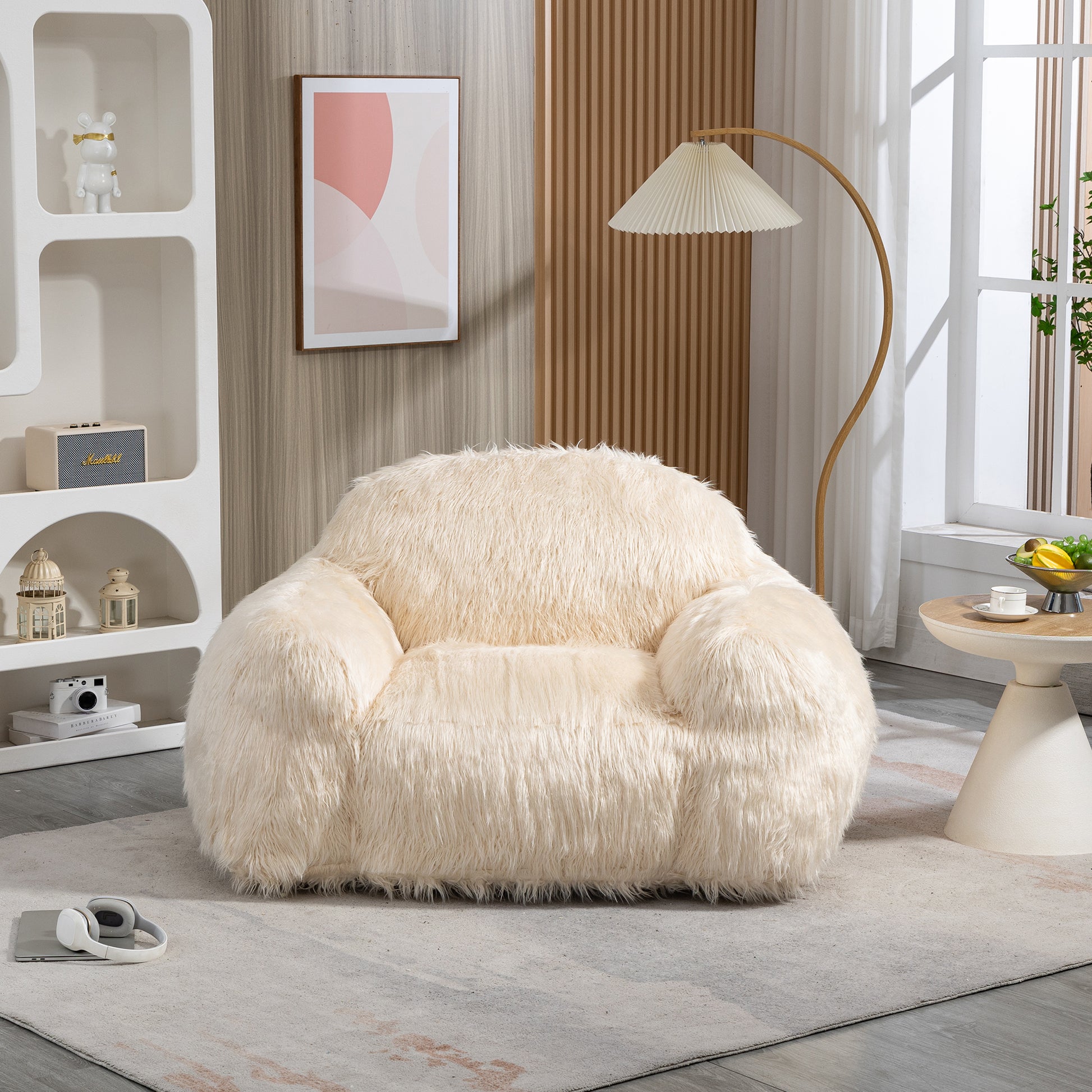 Bean Bag Chair Lazy Sofa Bean Bag Chair Adult, Teen High Density Foam Padded Modern Accent Chair Comfortable Living Room, Bedroom Chair Beige Faux Fur