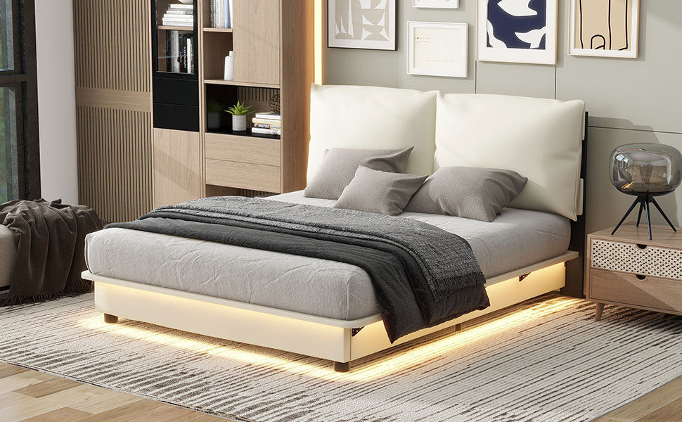 Queen Size Upholstered Platform Bed With Sensor Light And Ergonomic Design Backrests, White White Upholstered