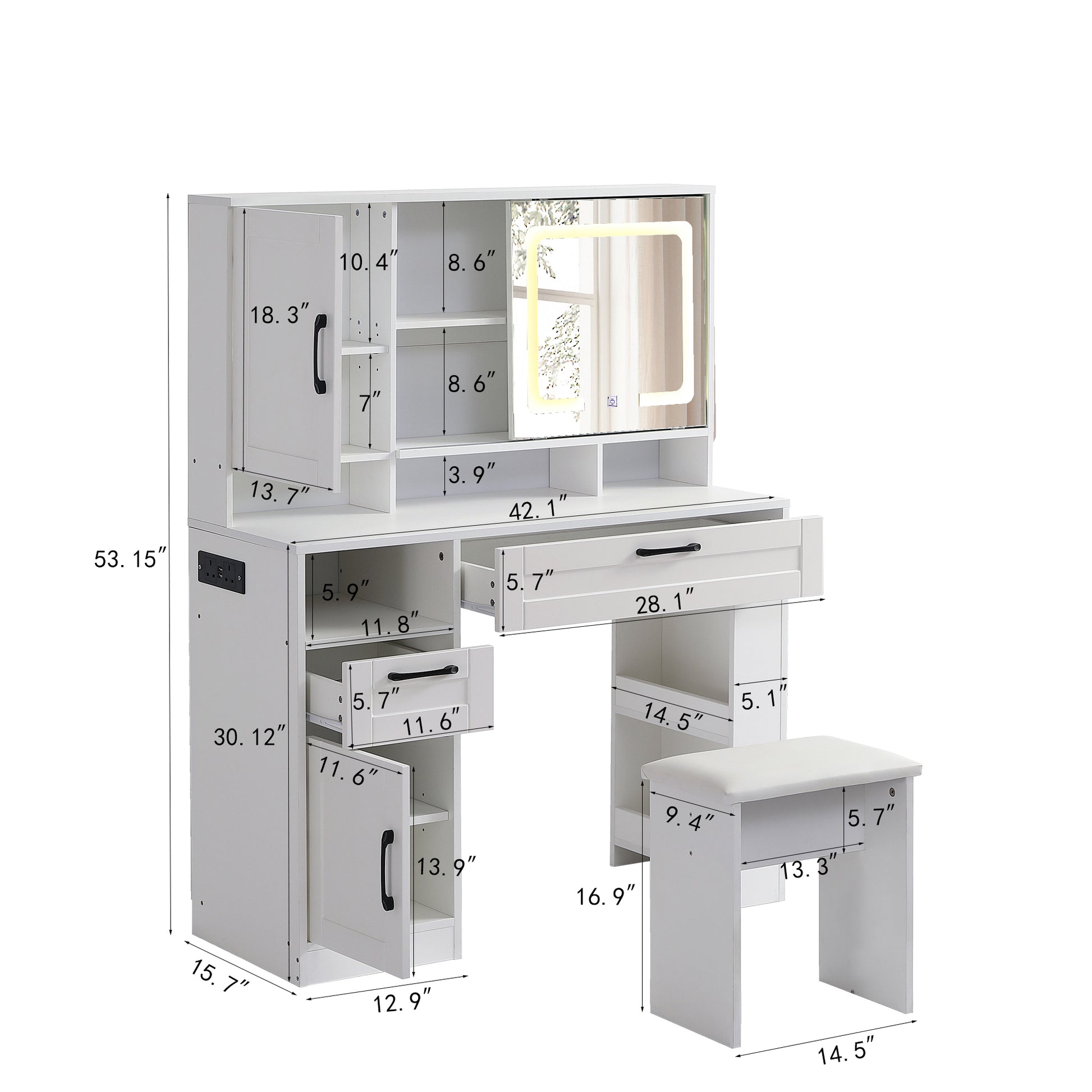 Vanity Table With Large Sliding Lighted Mirror, Dressing Table With 2 Drawers, Storage Shelves And Upholstered Stool, White Color Antique White Particle Board