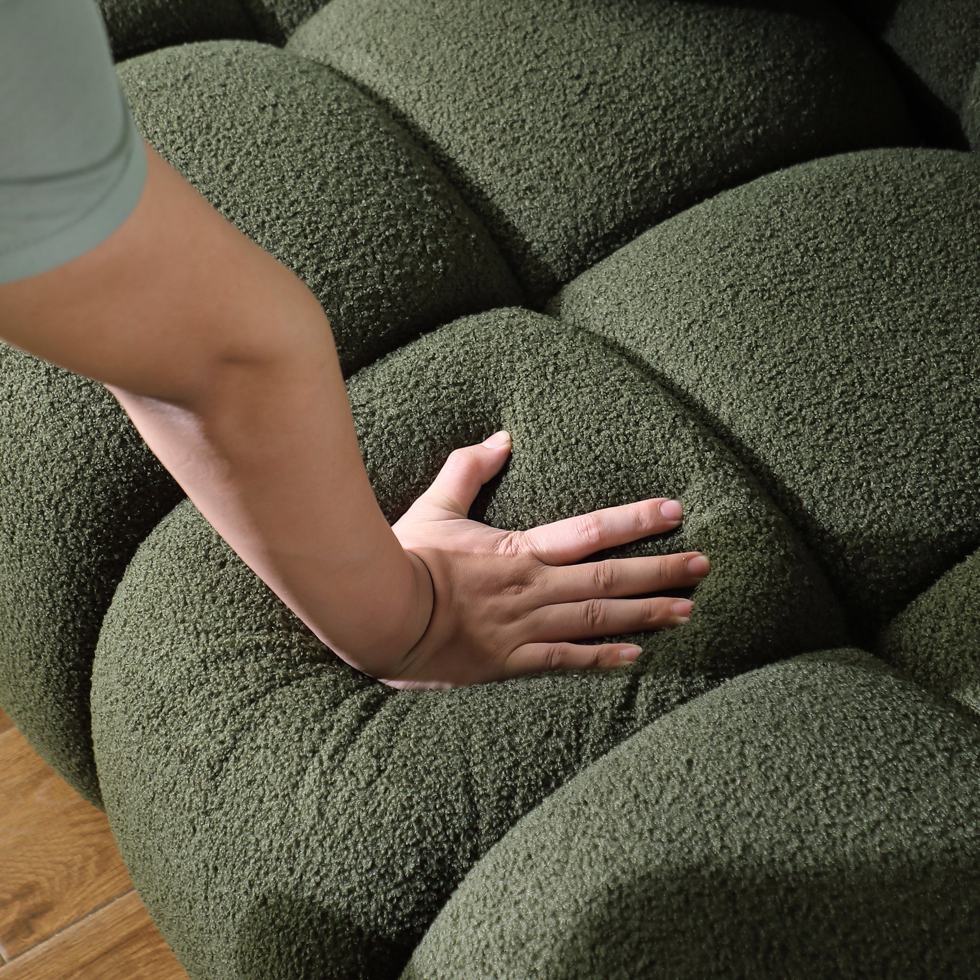 Sofa And Seater ,Human Body Structure For Usa People, Marshmallow Sofa,Boucle Sofa ,Olive Green Boucle Olive Green Light Brown Wood Primary Living Space Medium Soft Split Back Eucalyptus Rolled Arms Boucle 3 Seat