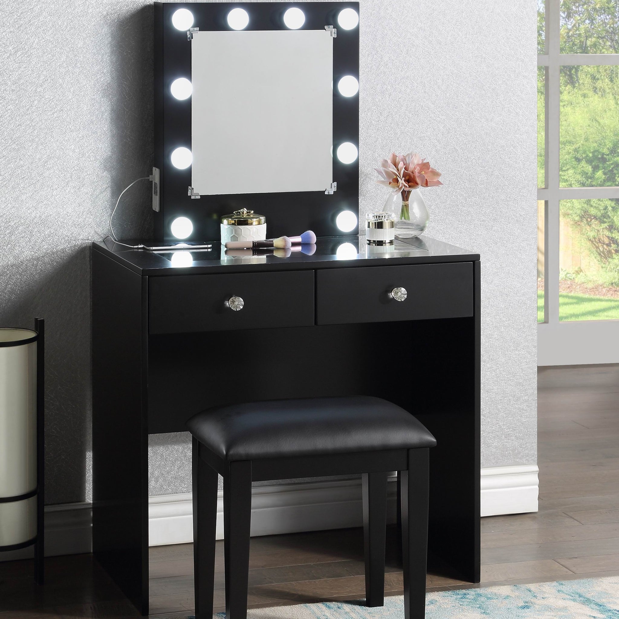 Black Makeup Vanity And Stool Set With 10 Lights And Usb Port And Power Outlet, 2X Drawers Luxurious Style Furniture Black Drawer 2 Drawers Bedroom Luxury,Modern Wood