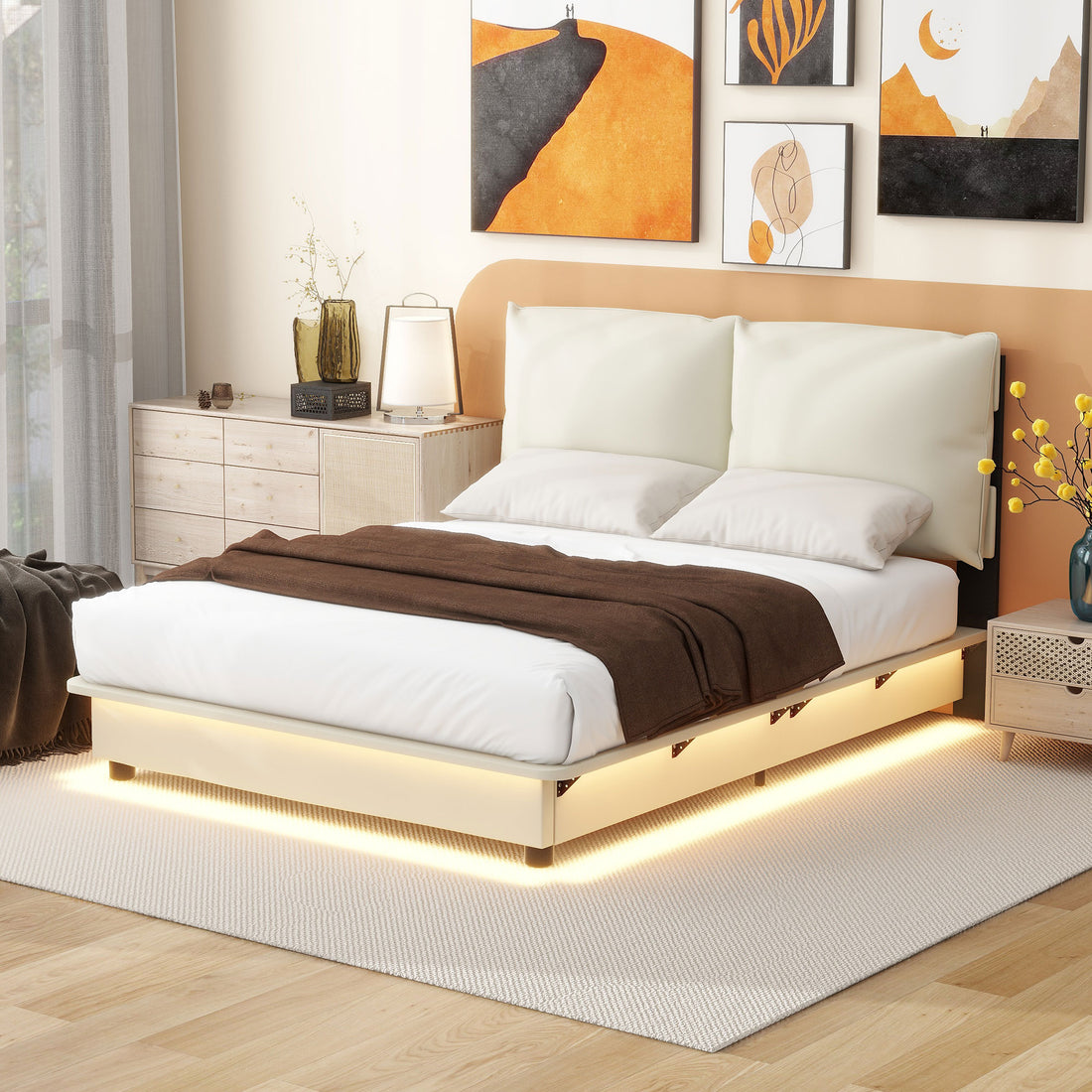 Full Size Upholstered Platform Bed With Sensor Light And Ergonomic Design Backrests, White White Upholstered