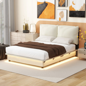 Full Size Upholstered Platform Bed With Sensor Light And Ergonomic Design Backrests, White White Upholstered