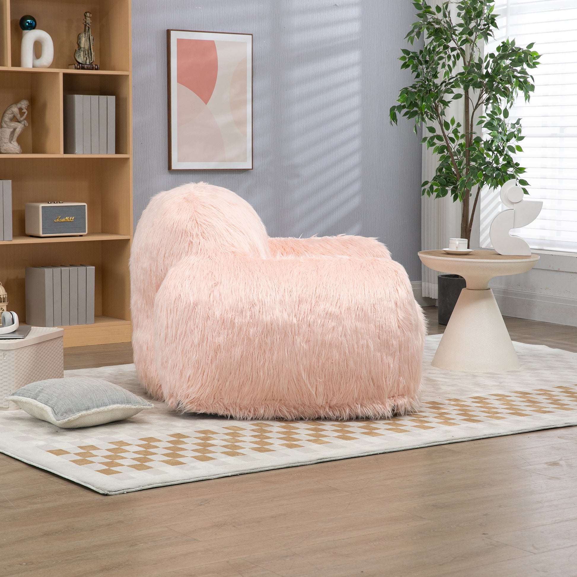Bean Bag Chair Lazy Long Hair Sofa Bean Bag Chair Adult, Teen High Density Foam Filled Modern Focus Chair Comfortable Living Room, Bedroom Chair Pink Faux Fur