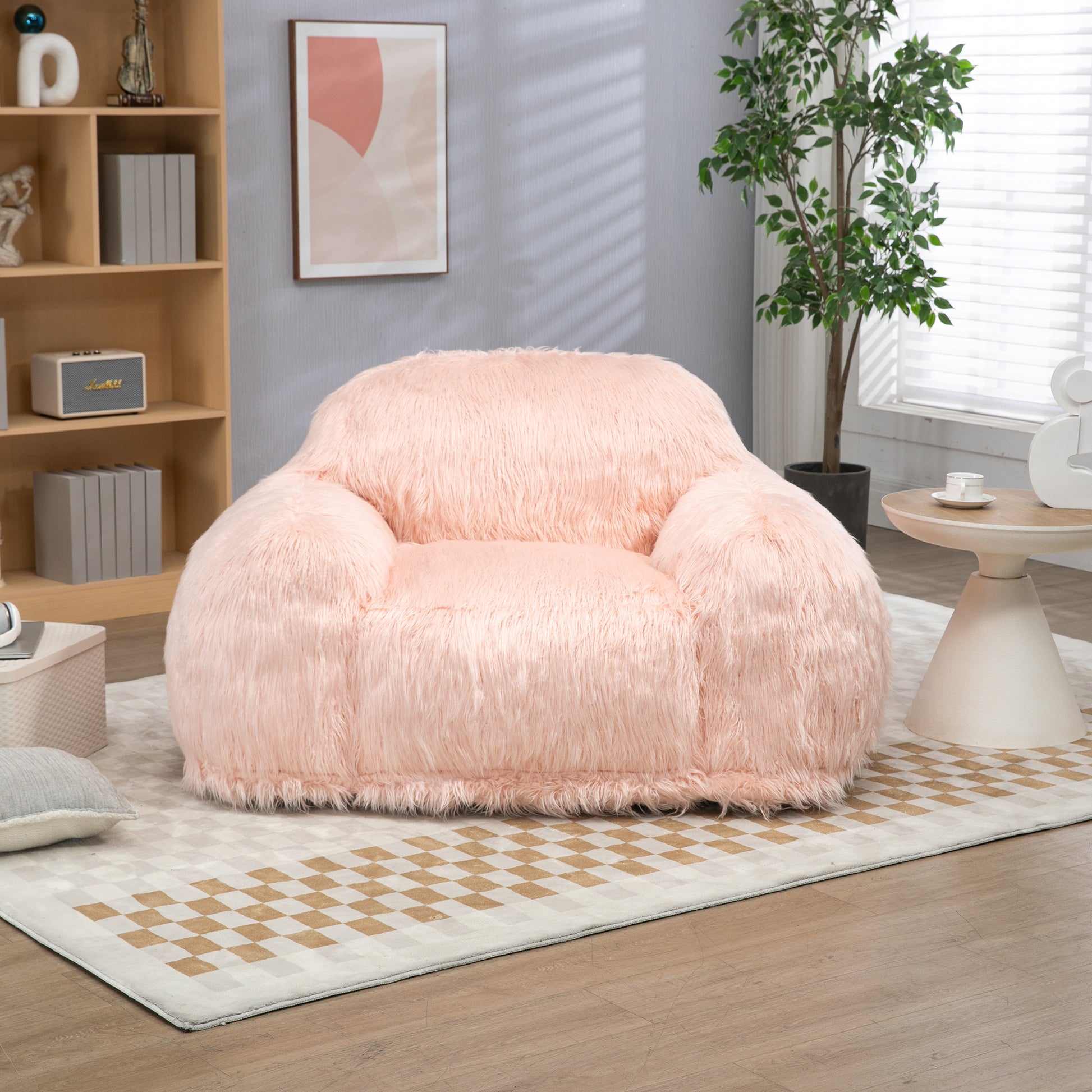 Bean Bag Chair Lazy Long Hair Sofa Bean Bag Chair Adult, Teen High Density Foam Filled Modern Focus Chair Comfortable Living Room, Bedroom Chair Pink Faux Fur