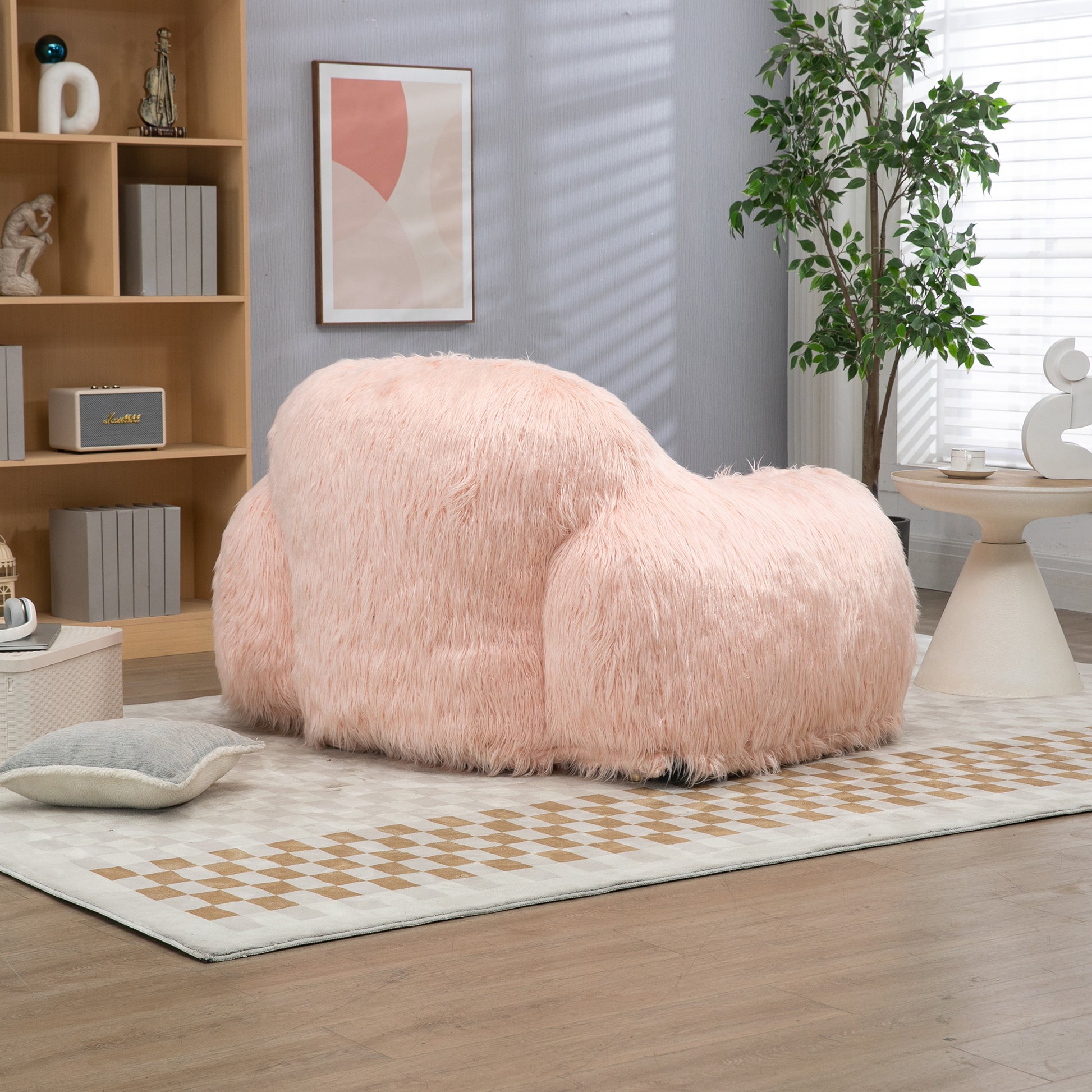 Bean Bag Chair Lazy Long Hair Sofa Bean Bag Chair Adult, Teen High Density Foam Filled Modern Focus Chair Comfortable Living Room, Bedroom Chair Pink Faux Fur