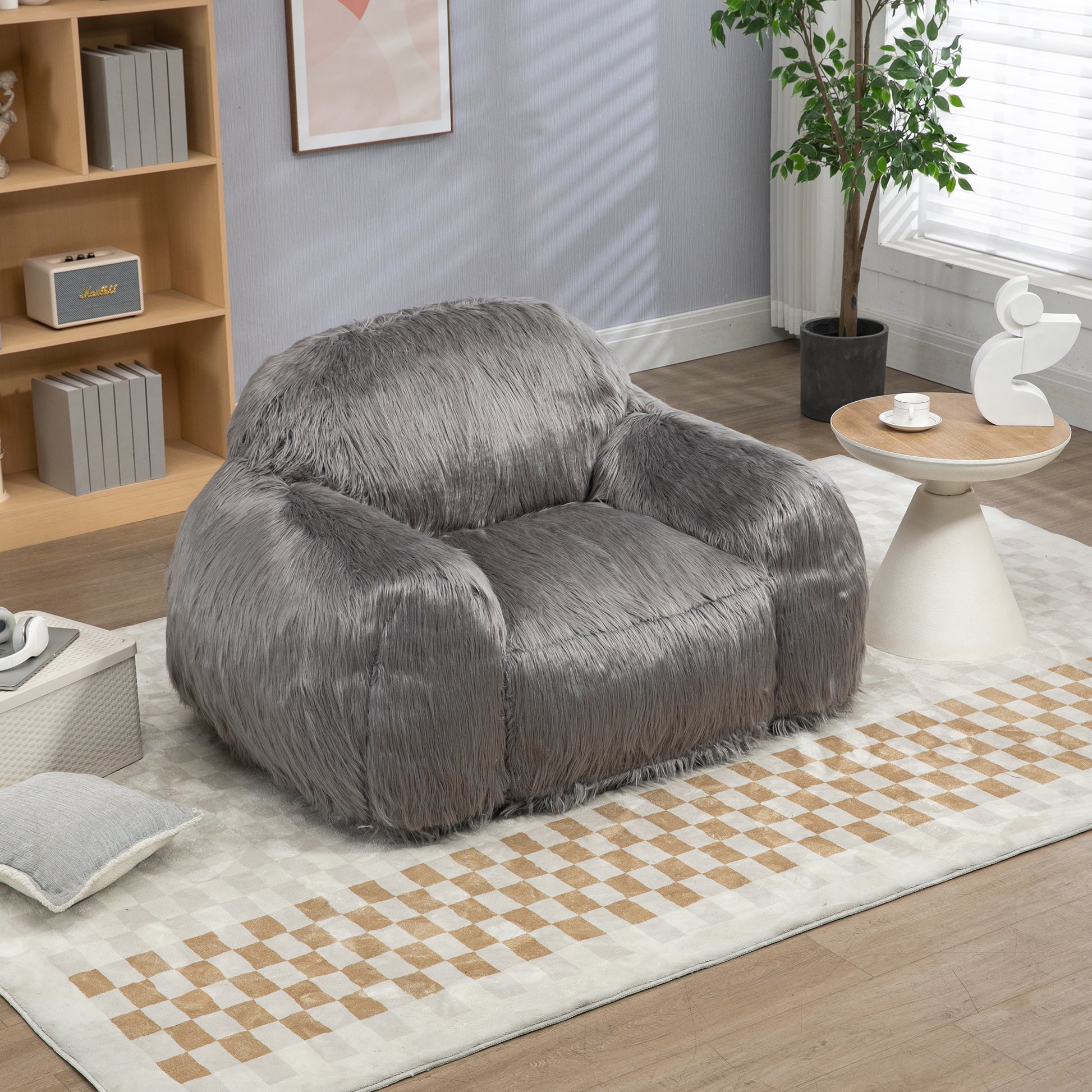 Bean Bag Chair Lazy Long Hair Sofa Bean Bag Chair Adult, Teen High Density Foam Filled Modern Focus Chair Comfortable Living Room, Bedroom Chair Grey Faux Fur