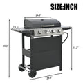 Propane Gas Grill 4 Burner Barbecue Grill, Stainless Steel 34,000 Btu Patio Garden Barbecue Grill With Two Shelves, Lid, Wheels And Bottle Opener Black Iron