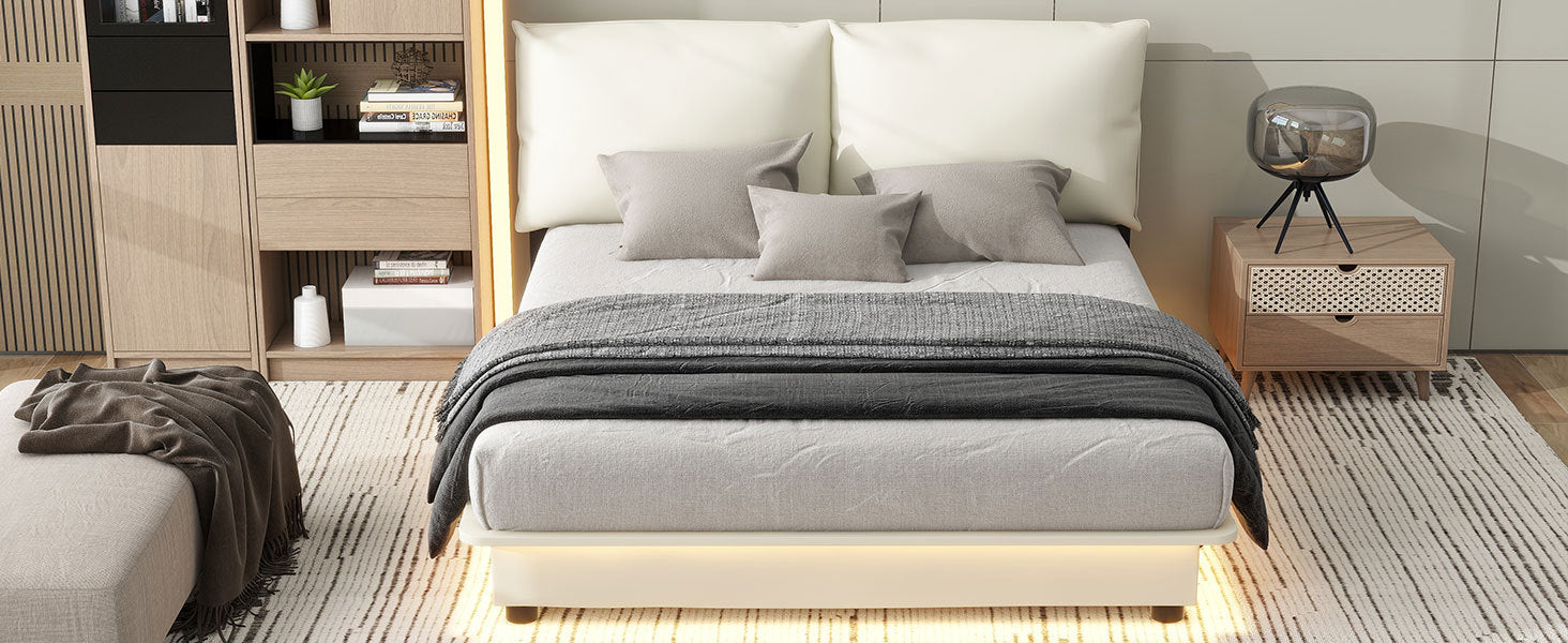 Queen Size Upholstered Platform Bed With Sensor Light And Ergonomic Design Backrests, White White Upholstered