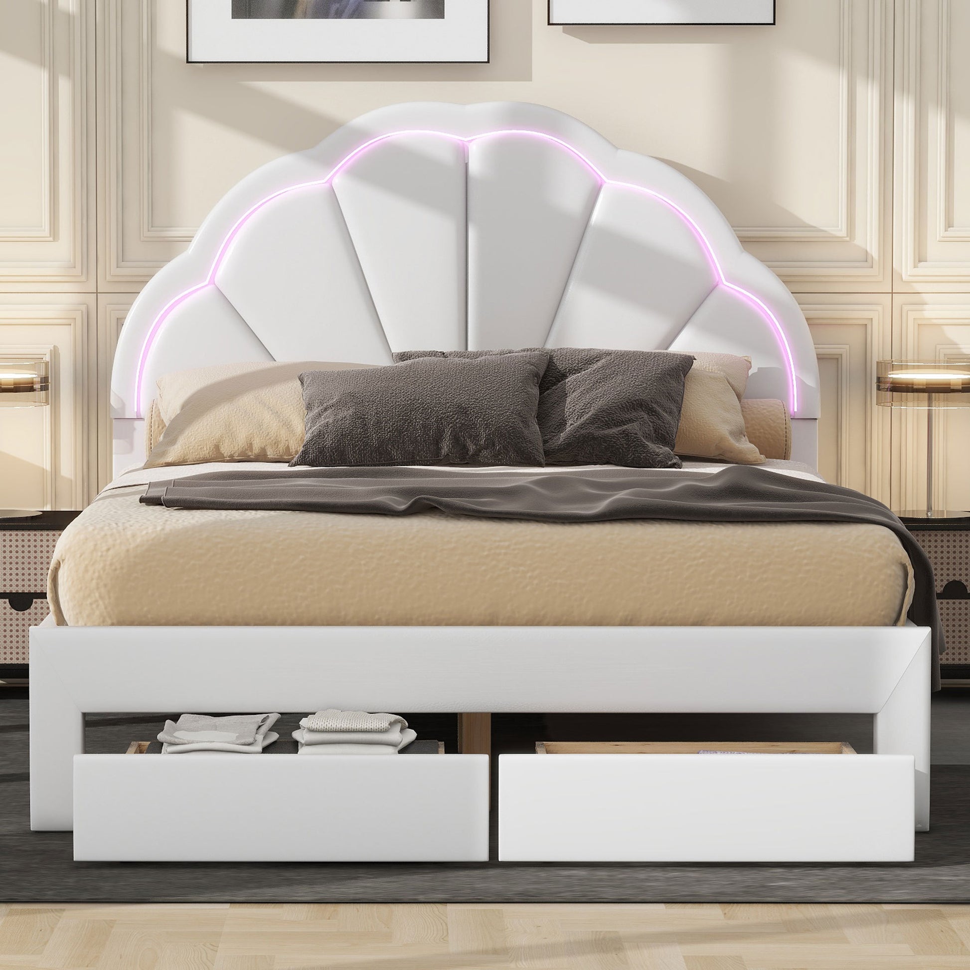 Full Size Upholstered Platform Bed With Seashell Shaped Headboard, Led And 2 Drawers, White Box Spring Not Required Full White Wood Bedroom Bed Frame Faux Leather Upholstered