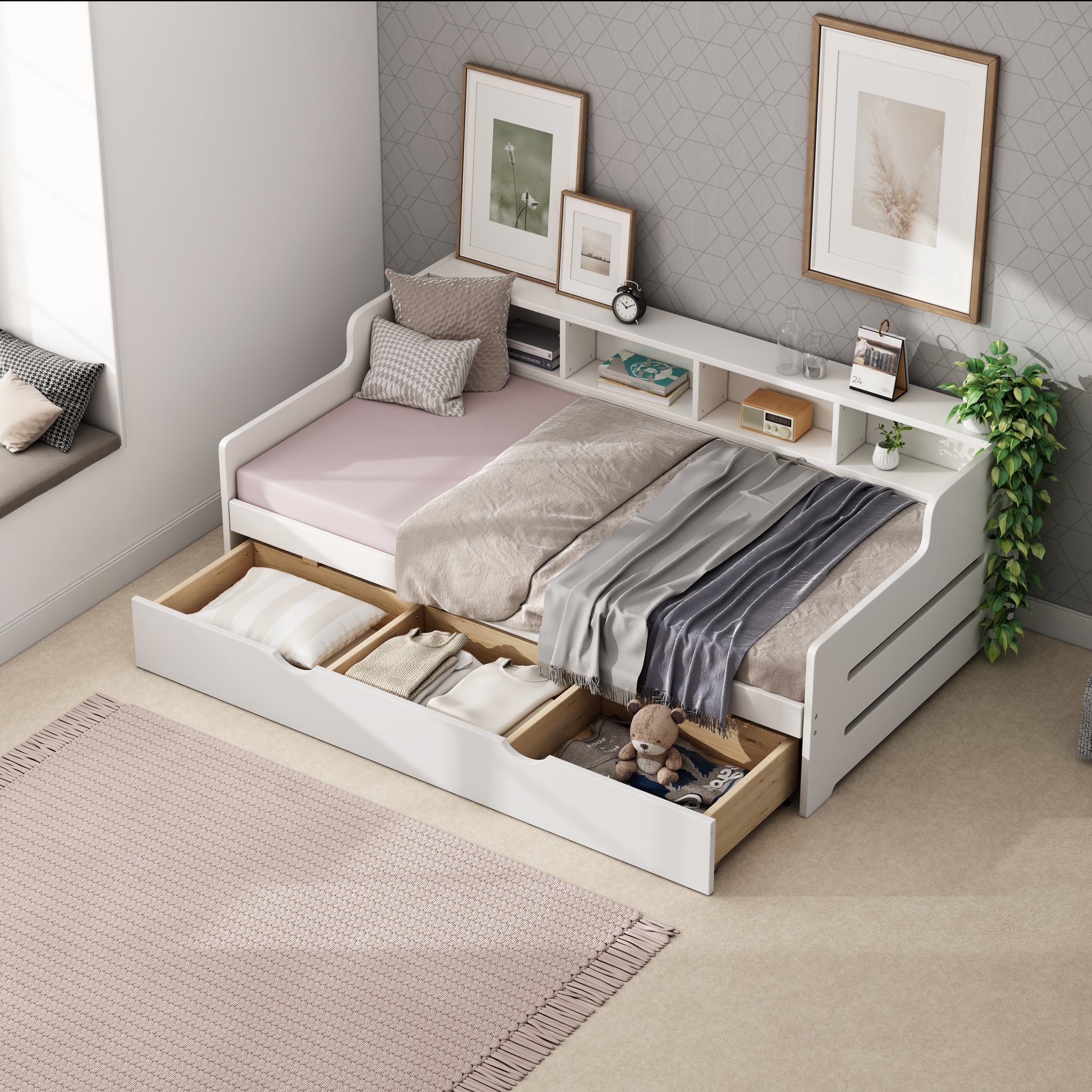 Twin Size Wooden Day Bed With 3 Trawers For Guest Room, Small Bedroom, Study Room, White Box Spring Not Required Twin White Wood White Pine Daybeds Solid Wood Mdf