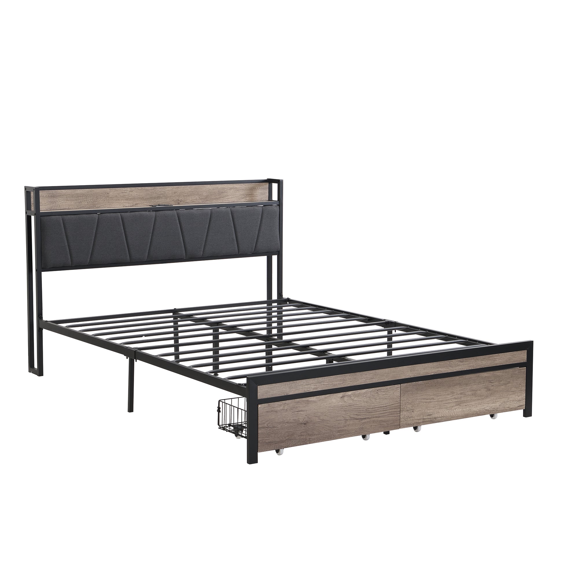 Full Size Metal Platform Bed Frame With Upholstery Storage Function Headboardand Usb Liner And Footboard With Drawersno Box Spring Needed, Large Under Bed Storage, Easy Assemble Black Grey Mdf Metal