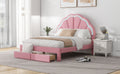 Full Size Upholstered Platform Bed With Seashell Shaped Headboard, Led And 2 Drawers, Pink Box Spring Not Required Full Pink Wood Bedroom Bed Frame Faux Leather Upholstered