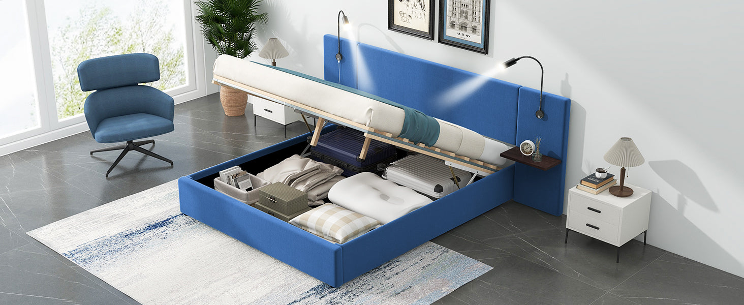 Full Size Storage Upholstered Hydraulic Platform Bed With 2 Shelves, 2 Lights And Usb, Blue Box Spring Not Required Full Blue Wood Bedroom Bed Frame Velvet Upholstered