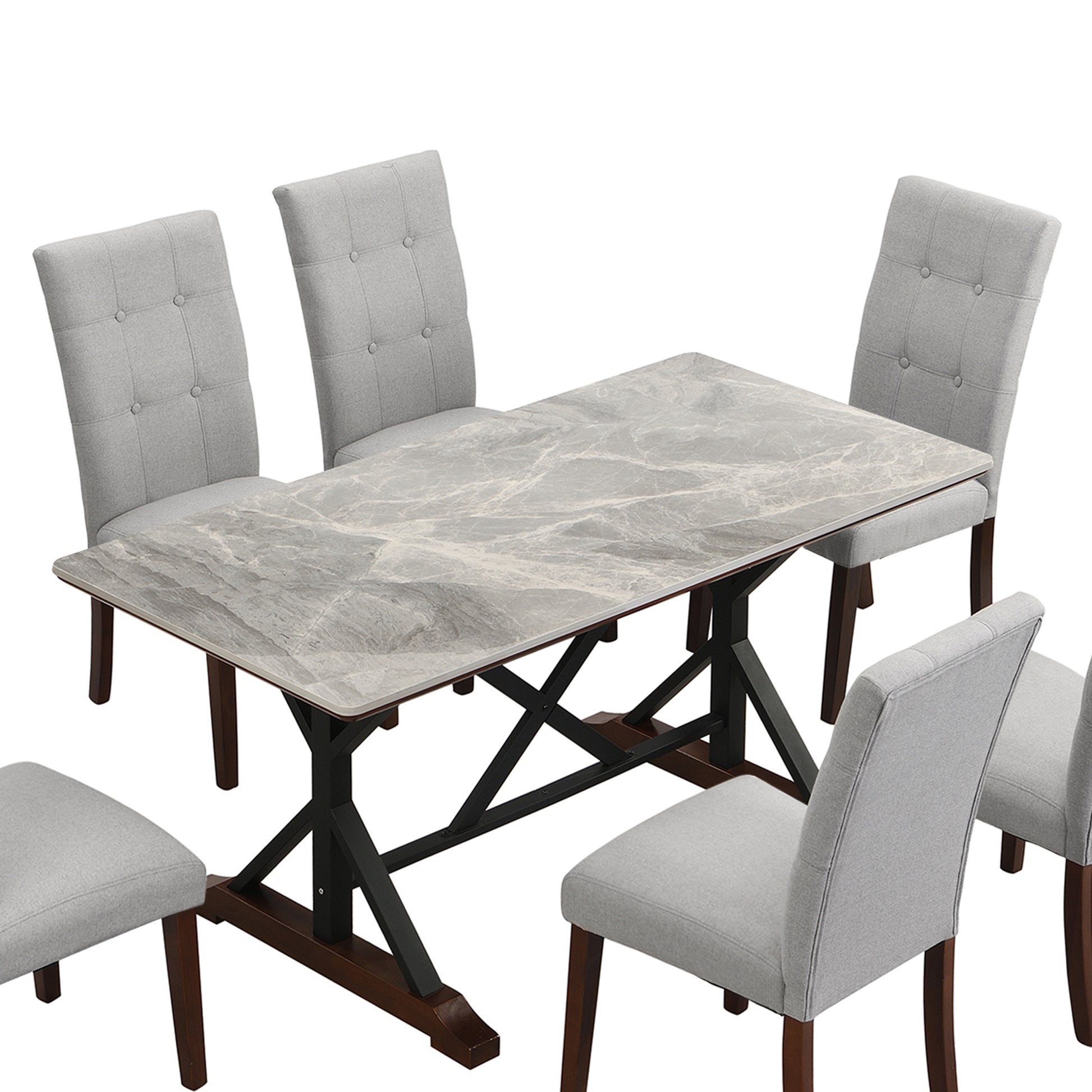Modern Dining Table For 6 8, 7 Piece Kitchen Dining Table Set, Gray Sintered Stone Dining Table With 6 Tufted Upholstered Chairs, 63 Inch Rectangle Dining Table For Dining Room 1 Table 6 Chair Gray Farmhouse,Mid Century Modern,Modern Sintered Stone