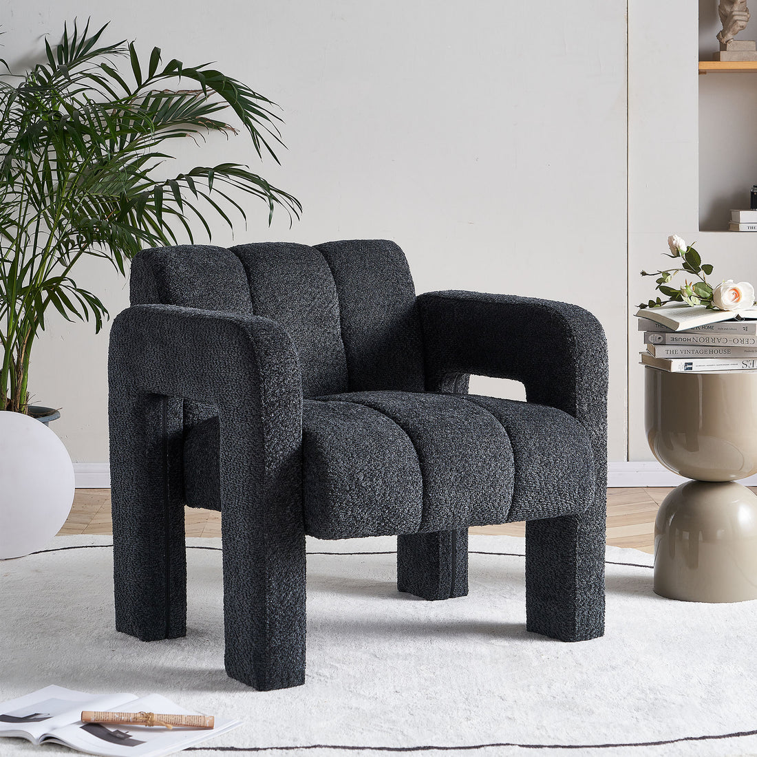 31.10" Wide Boucle Upholstered Accent Chair Dark Grey Primary Living Space Modern Fiber Foam And Polyester Fiber Pad Boucle