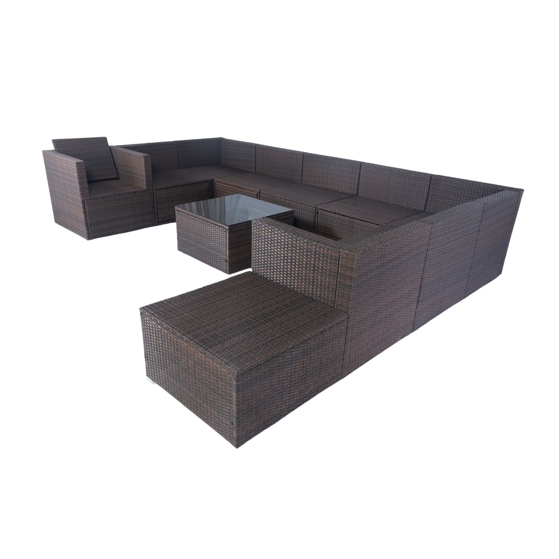 11 Piece Patio Wicker Conversation Set, 10 Seater Patio Sectional Set With 3 Storage Box Under Seat Brown Wicker White Cushion Yes Complete Patio Set Brown Rust Resistant Frame Mildew Resistant Cushion Garden & Outdoor Modern Complete Patio Sets Fiber