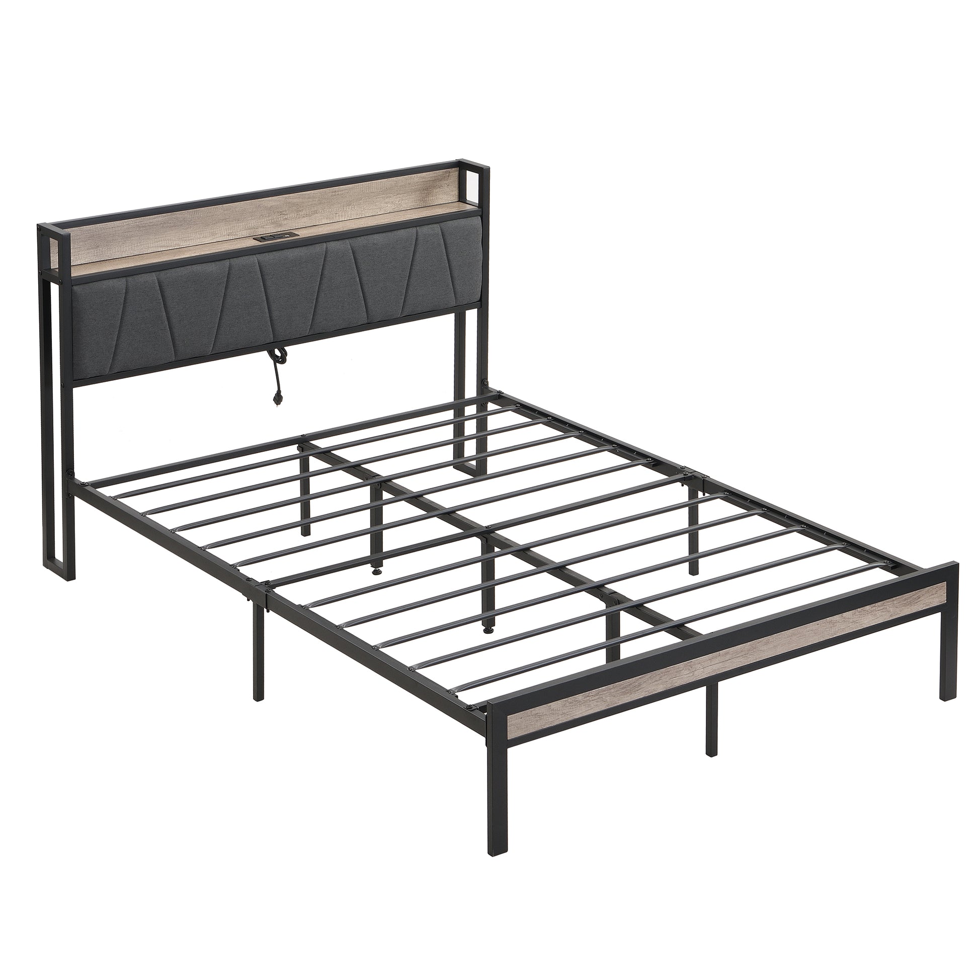 Full Size Metal Platform Bed Frame With Upholstery Storage Function Headboardand Usb Liner And Footboardno Box Spring Needed, Large Under Bed Storage, Easy Assemble Beige Black Metal & Wood