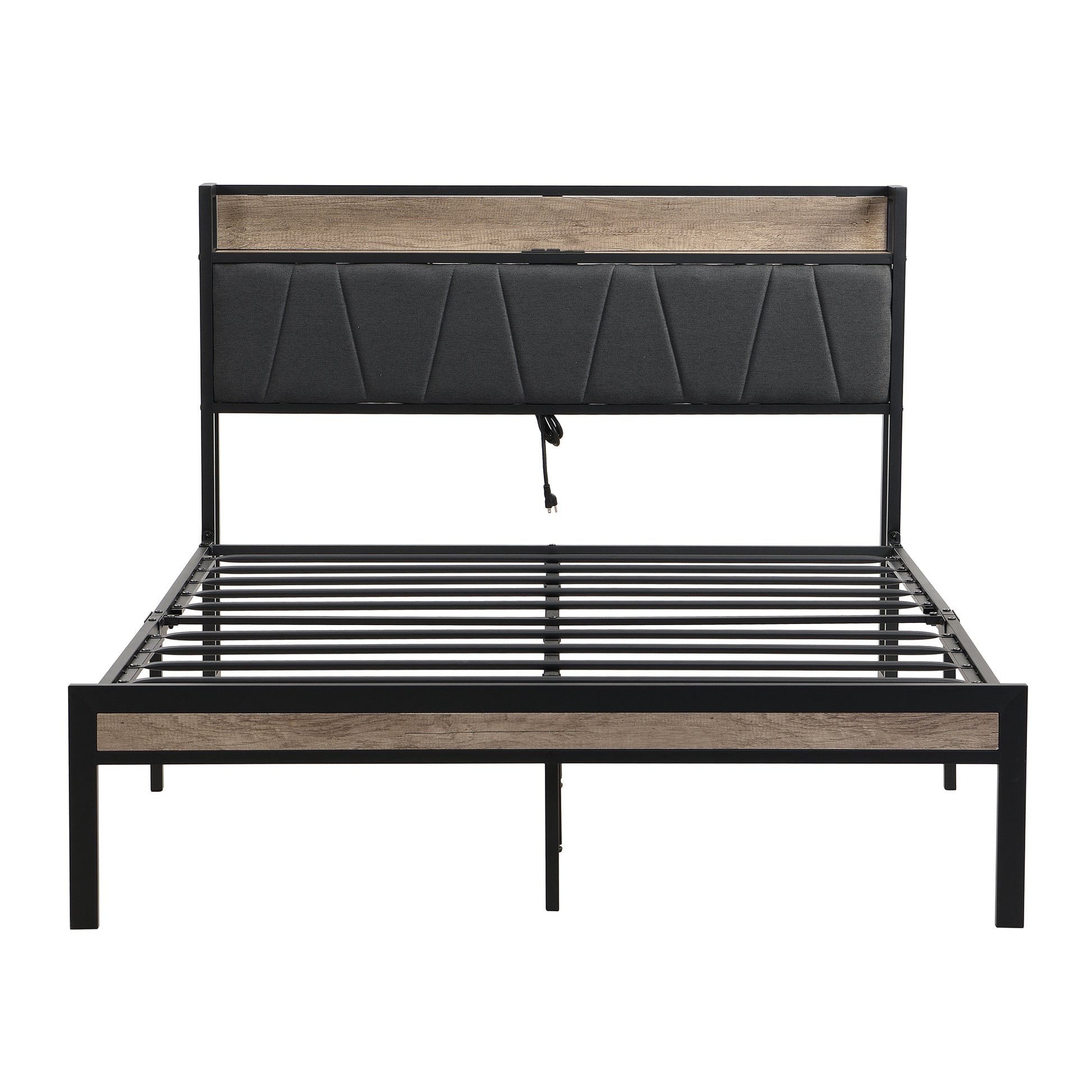 Full Size Metal Platform Bed Frame With Upholstery Storage Function Headboardand Usb Liner And Footboardno Box Spring Needed, Large Under Bed Storage, Easy Assemble Beige Black Metal & Wood